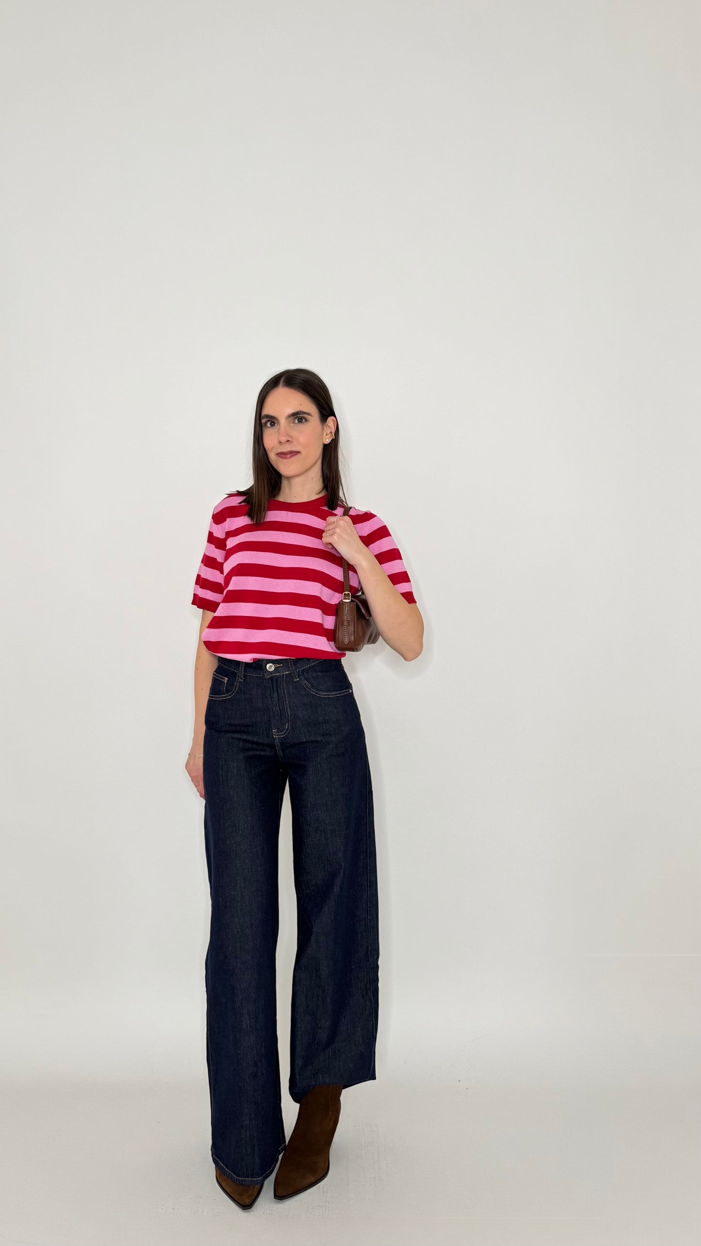 Maglia girocollo a righe manica corta in 100% cotone Fragola/Confetto