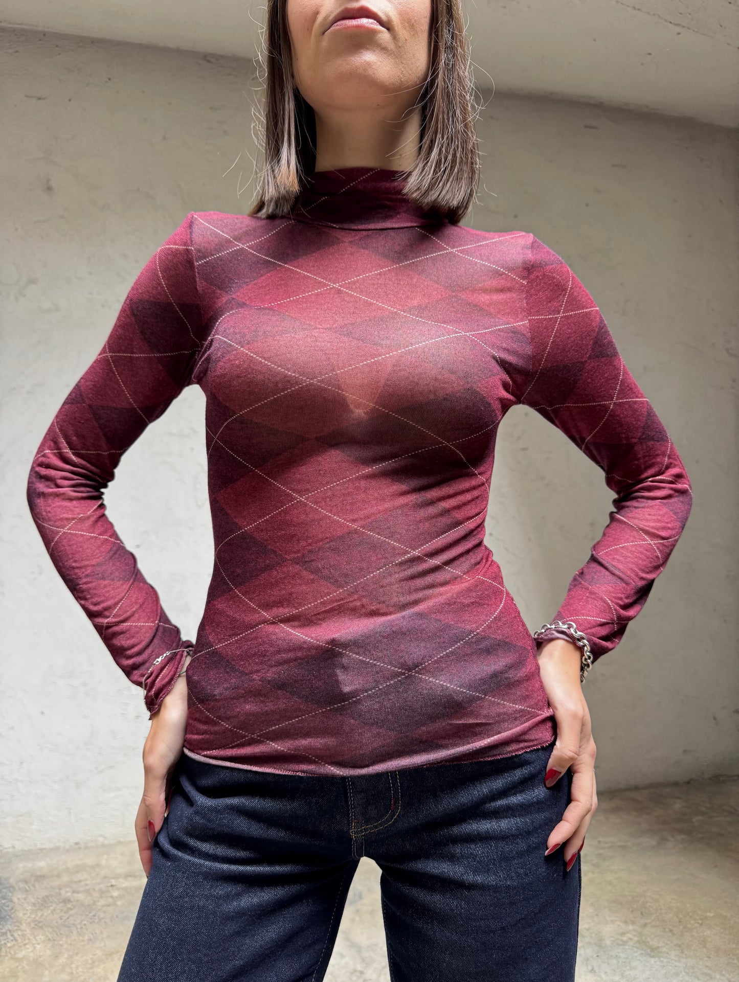 Maglia Cashmere mezzo collo stampa rombi Bordeaux