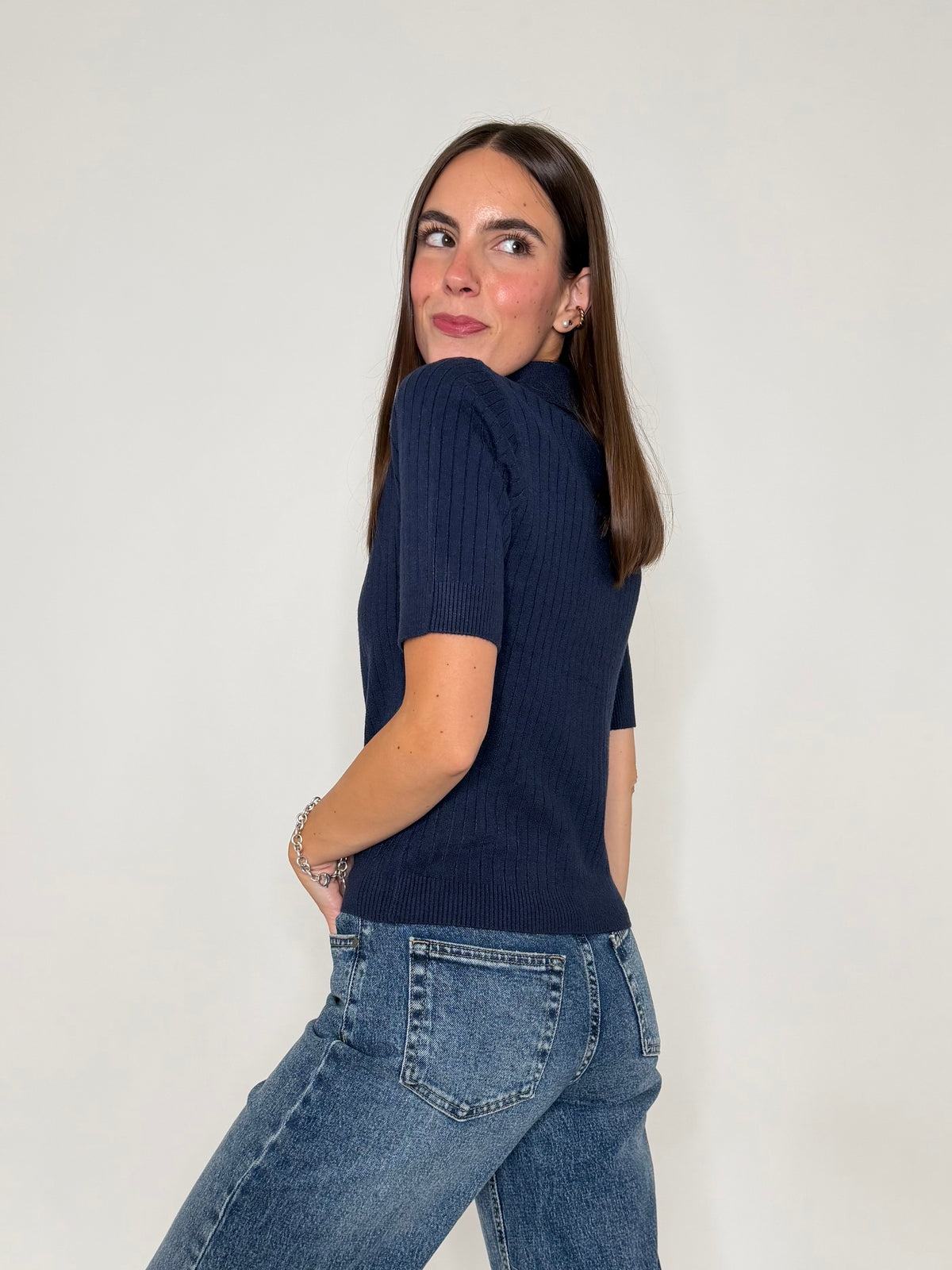 Polo a costine in morbida viscosa blu navy