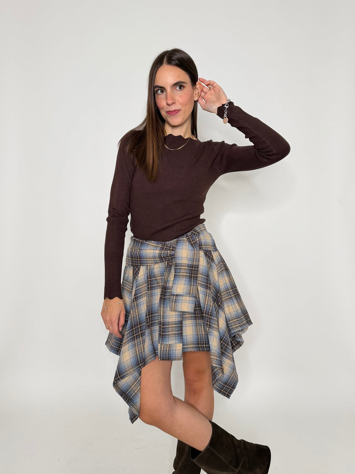 Gonna a camicia con pantaloncino fantasia tartan vintage beige