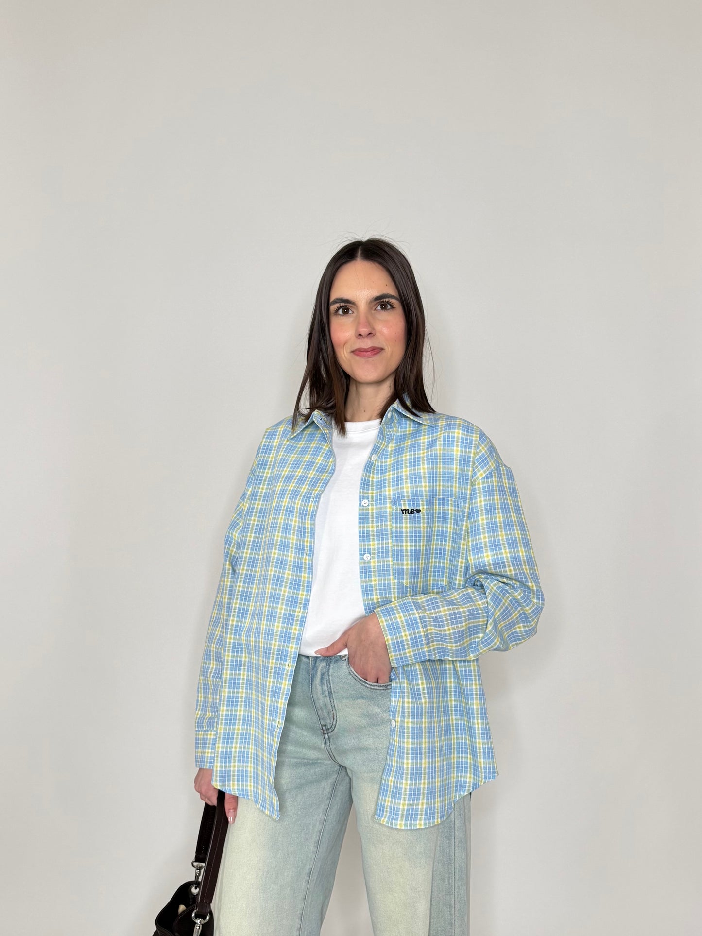 Camicia in cotone a quadri Celeste