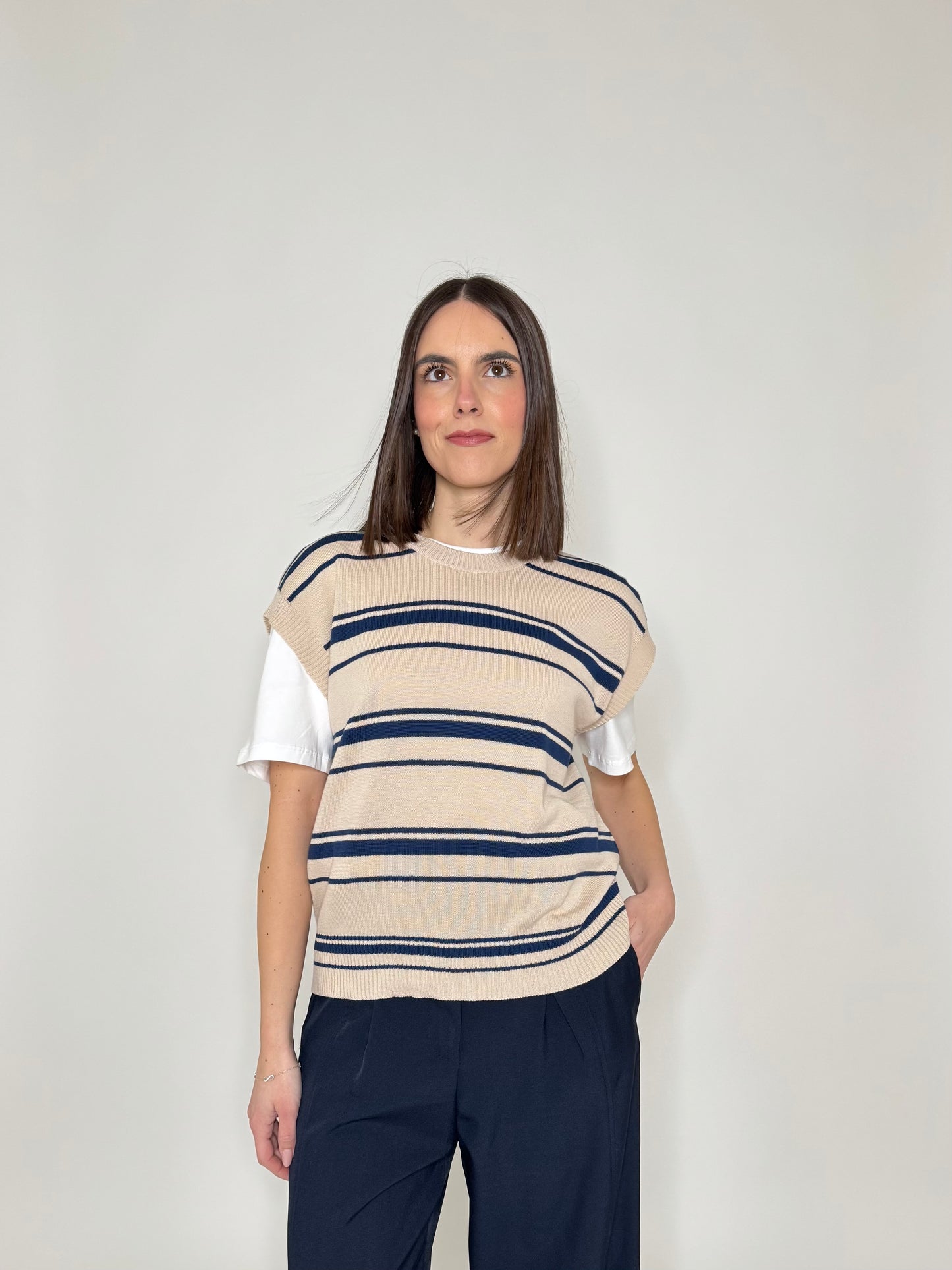 Gilet a righe in 100% cotone Beige/Navy