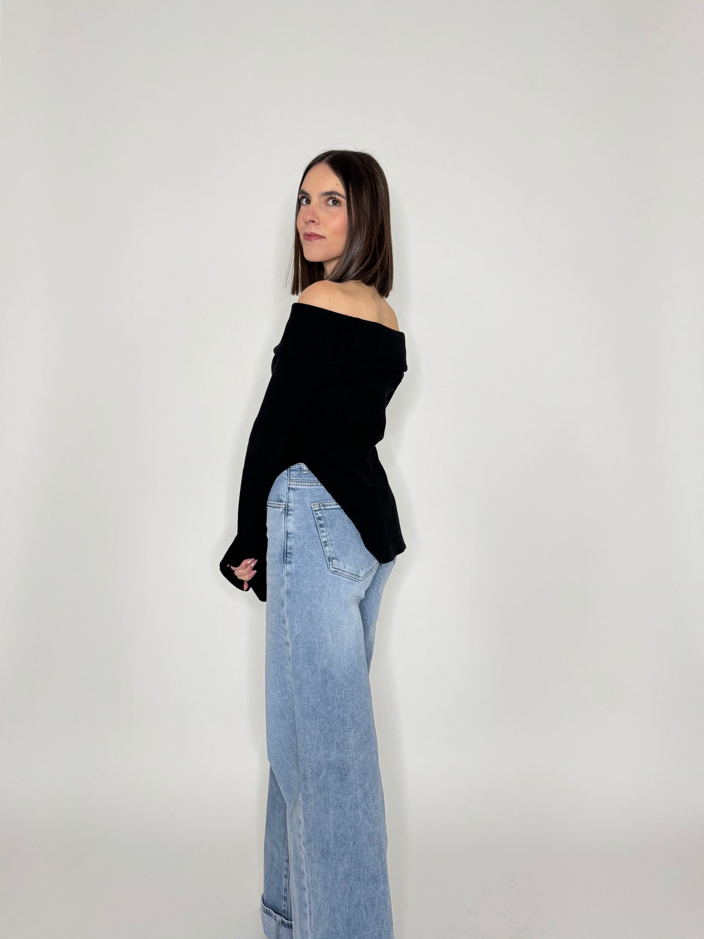Maglia alla bardot spalle scese in viscosa Nero