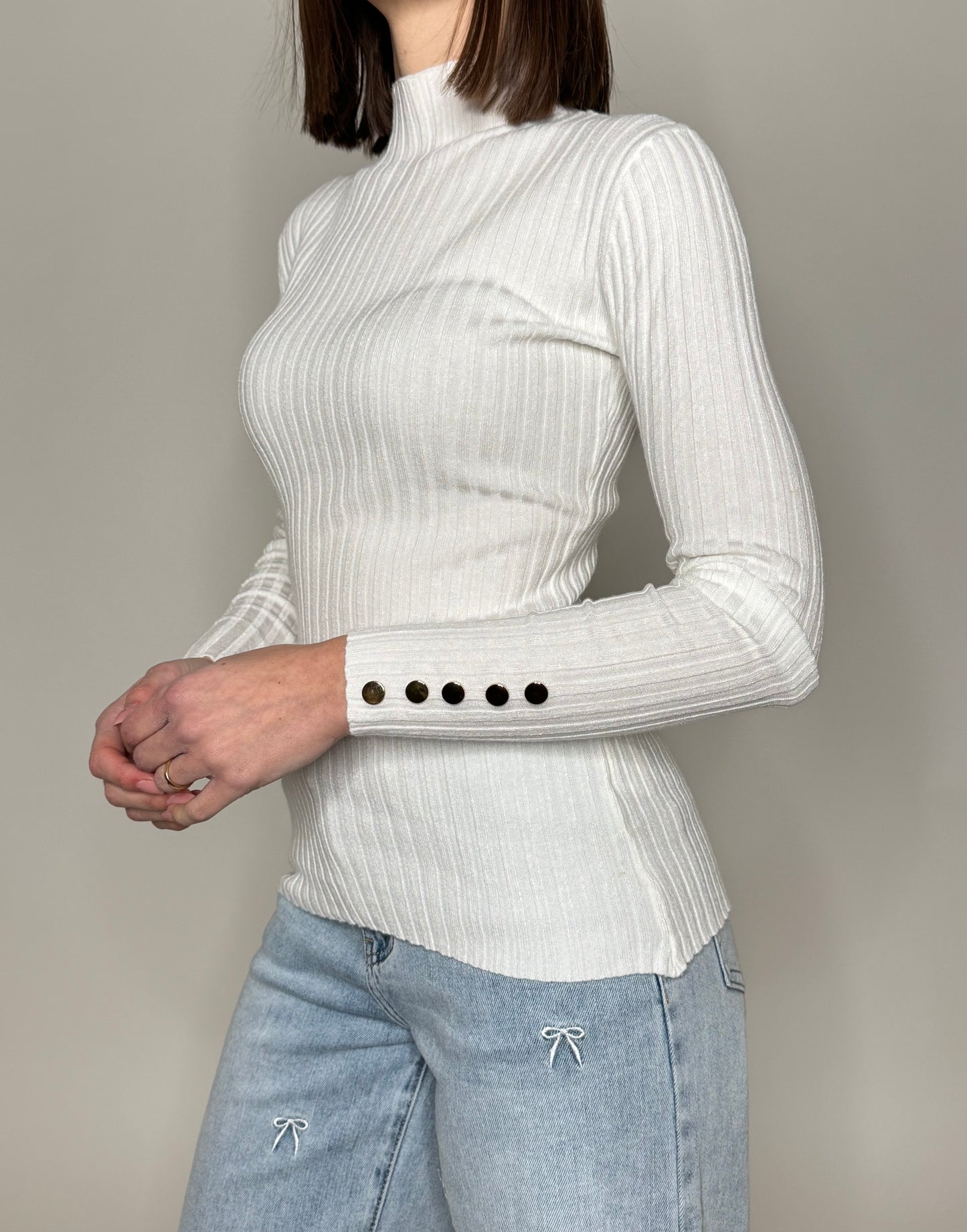 IN RIASSORTIMENTO - Maglia mezzo collo calda viscosa a costine Bianco