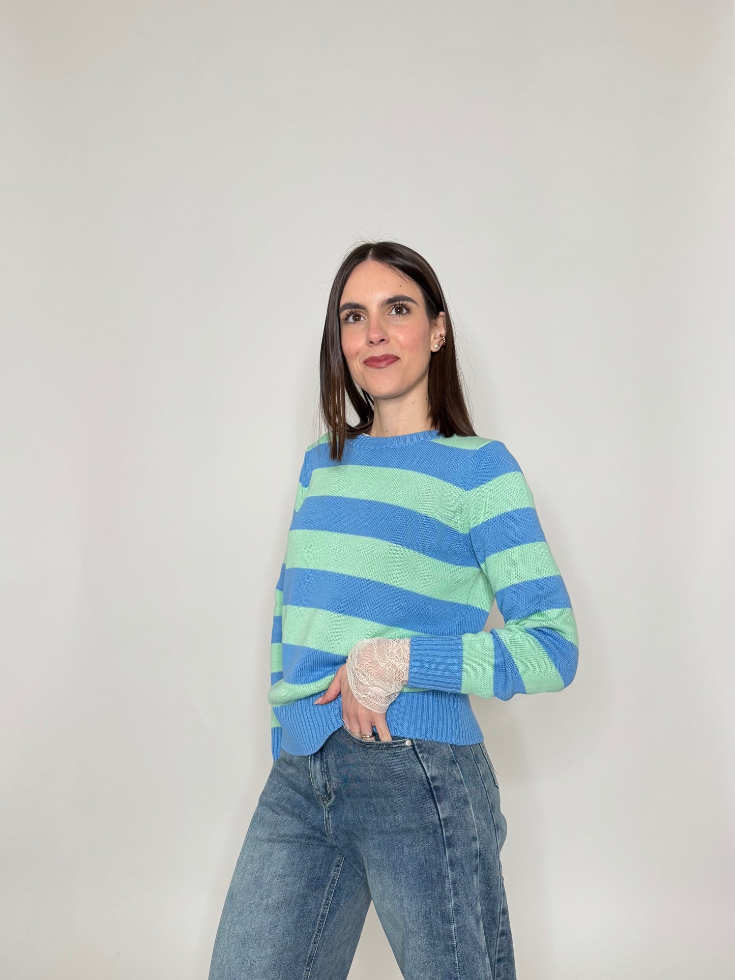 Maglia girocollo a righe in 100% cotone Jeans/Menta