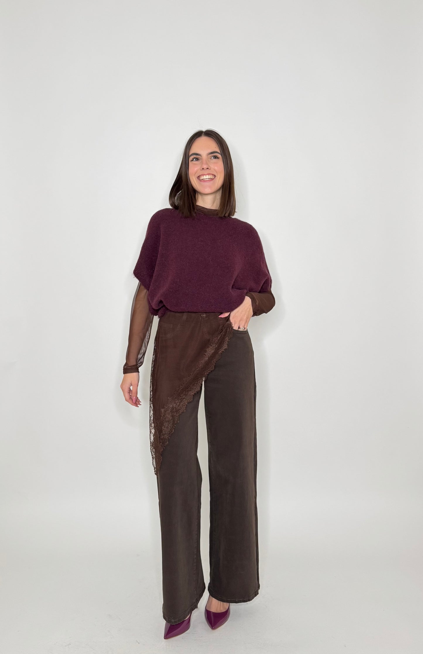 Maglia tulle e pizzo asimmetrica Cioccolato