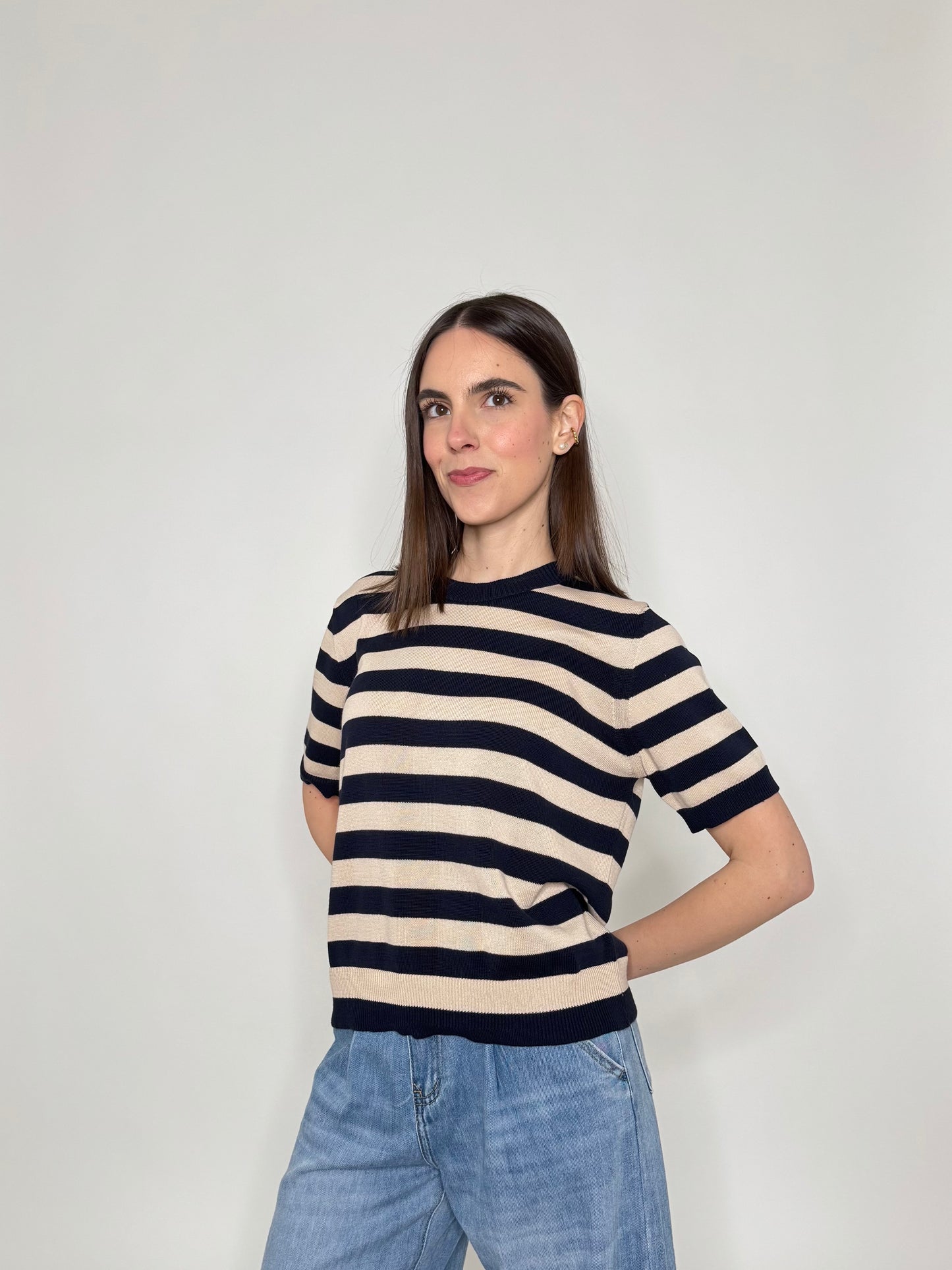 Maglia girocollo a righe manica corta in 100% cotone Blu/Beige