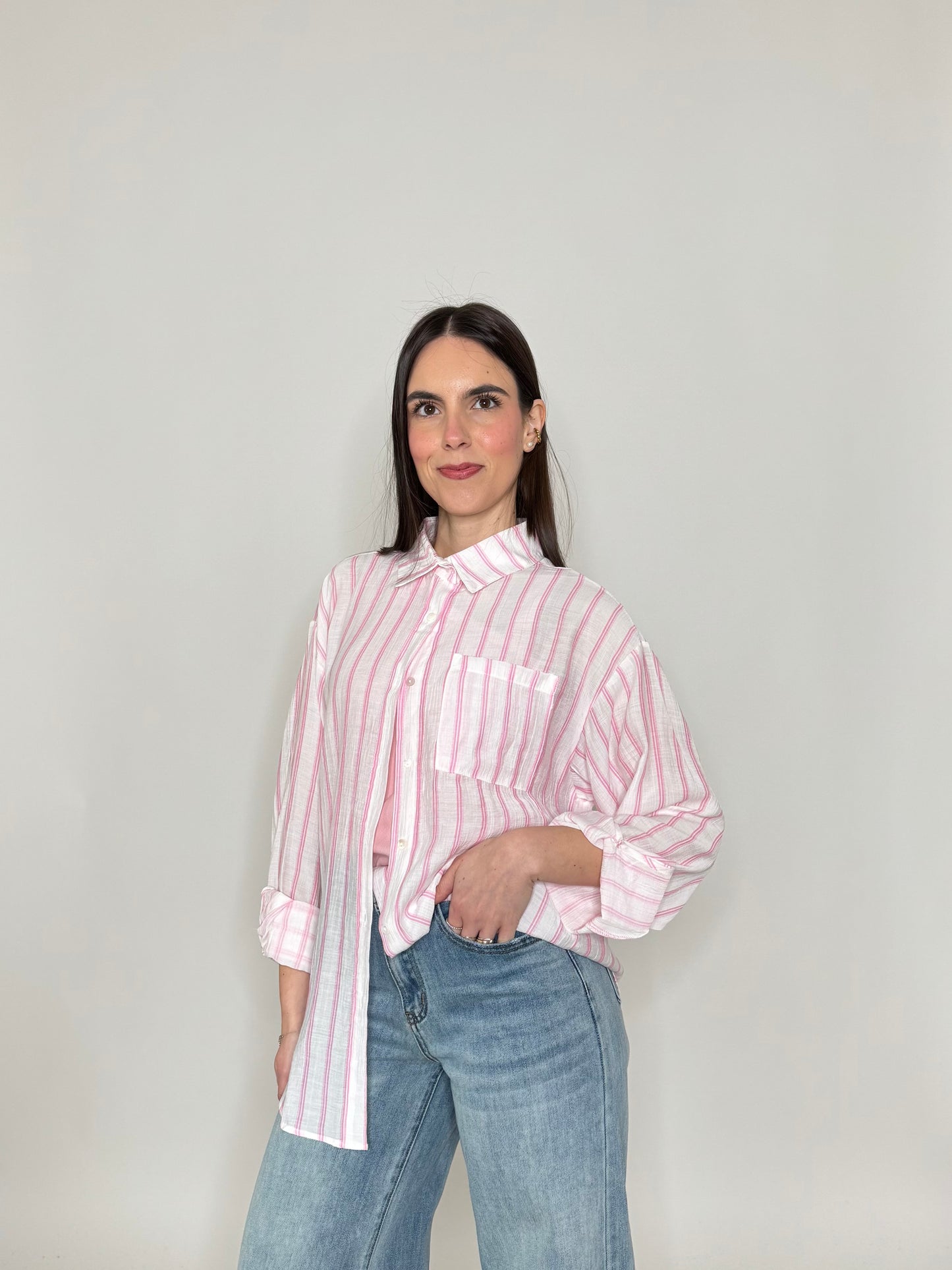 Camicia in leggera viscosa a righe Rosa