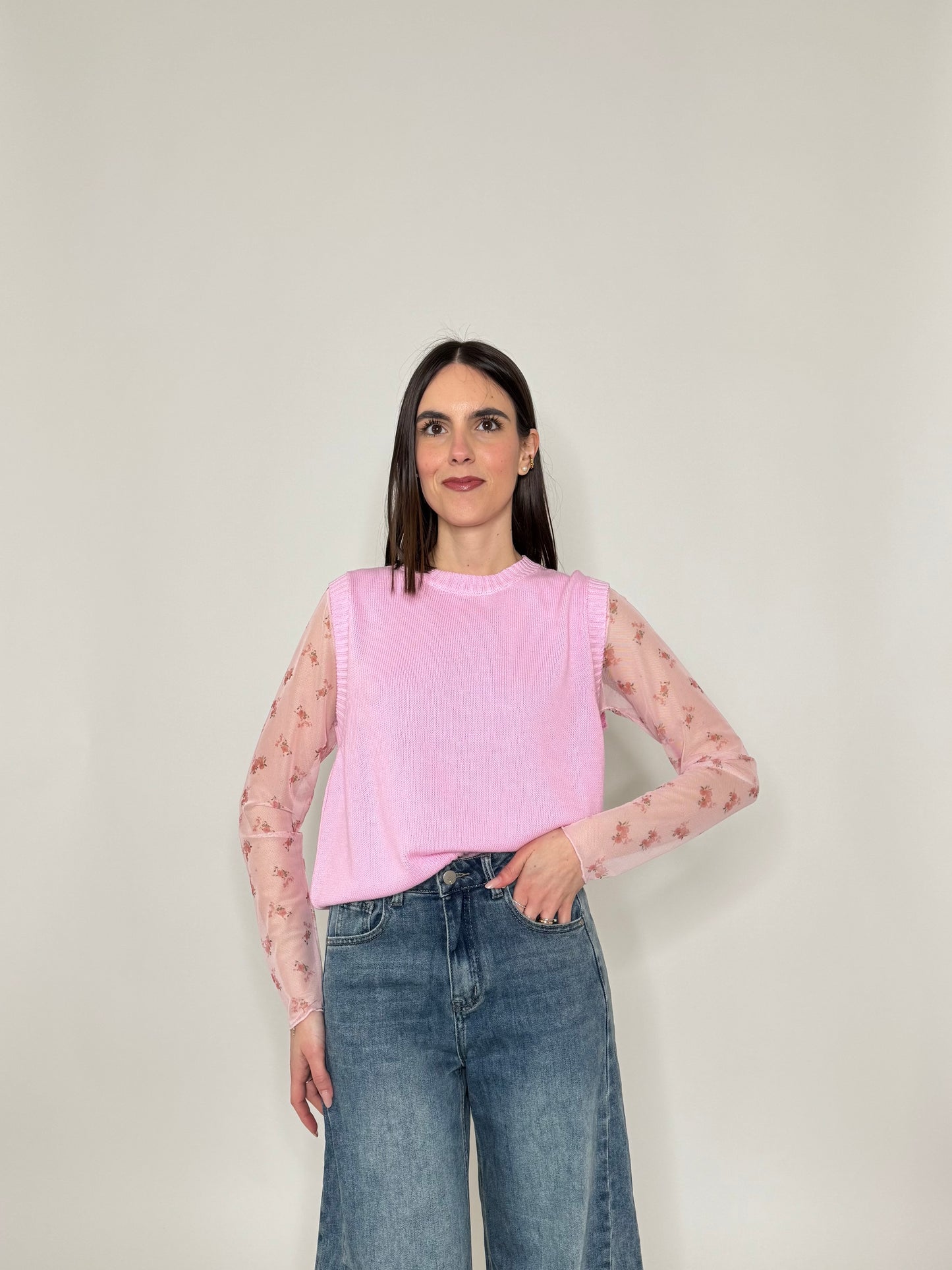Maglia in tulle con micro fiori Rosa