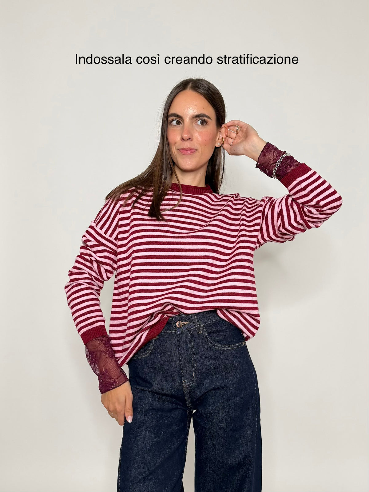 Maglia mille righe fit in morbida viscosa manica lunga rosa india