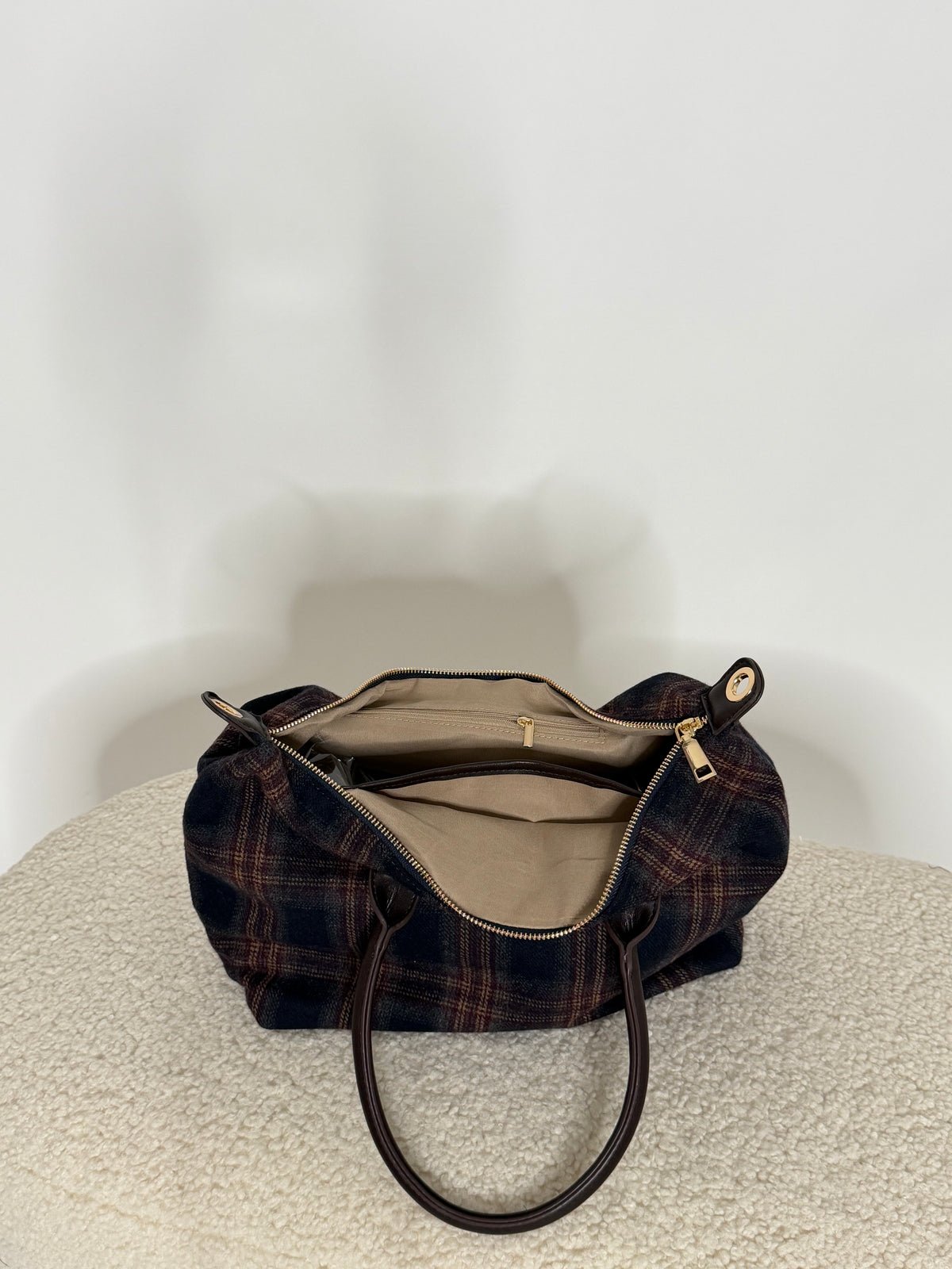 Borsa in tessuto a quadretti scozzese blu/bordeaux