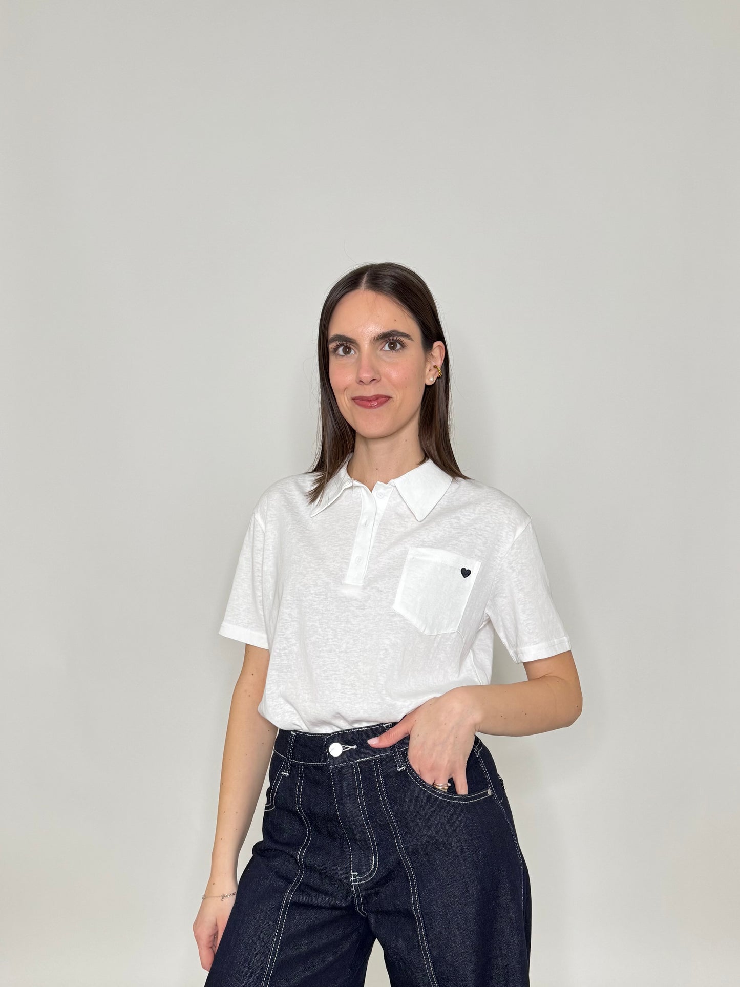 Polo basic light cotton con taschino e cuore Bianco