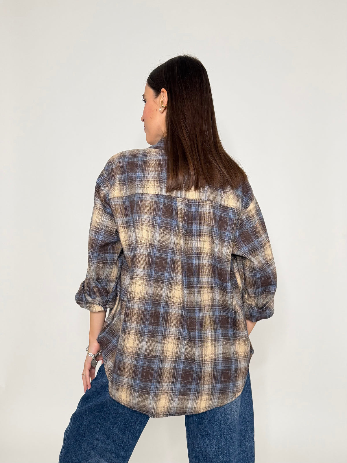 Camicia check vienna in cotone ciocco/azzurro polvere