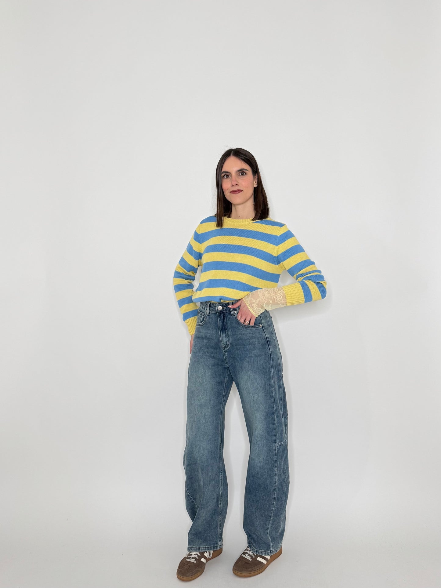 Maglia girocollo a righe in 100% cotone Giallo/jeans