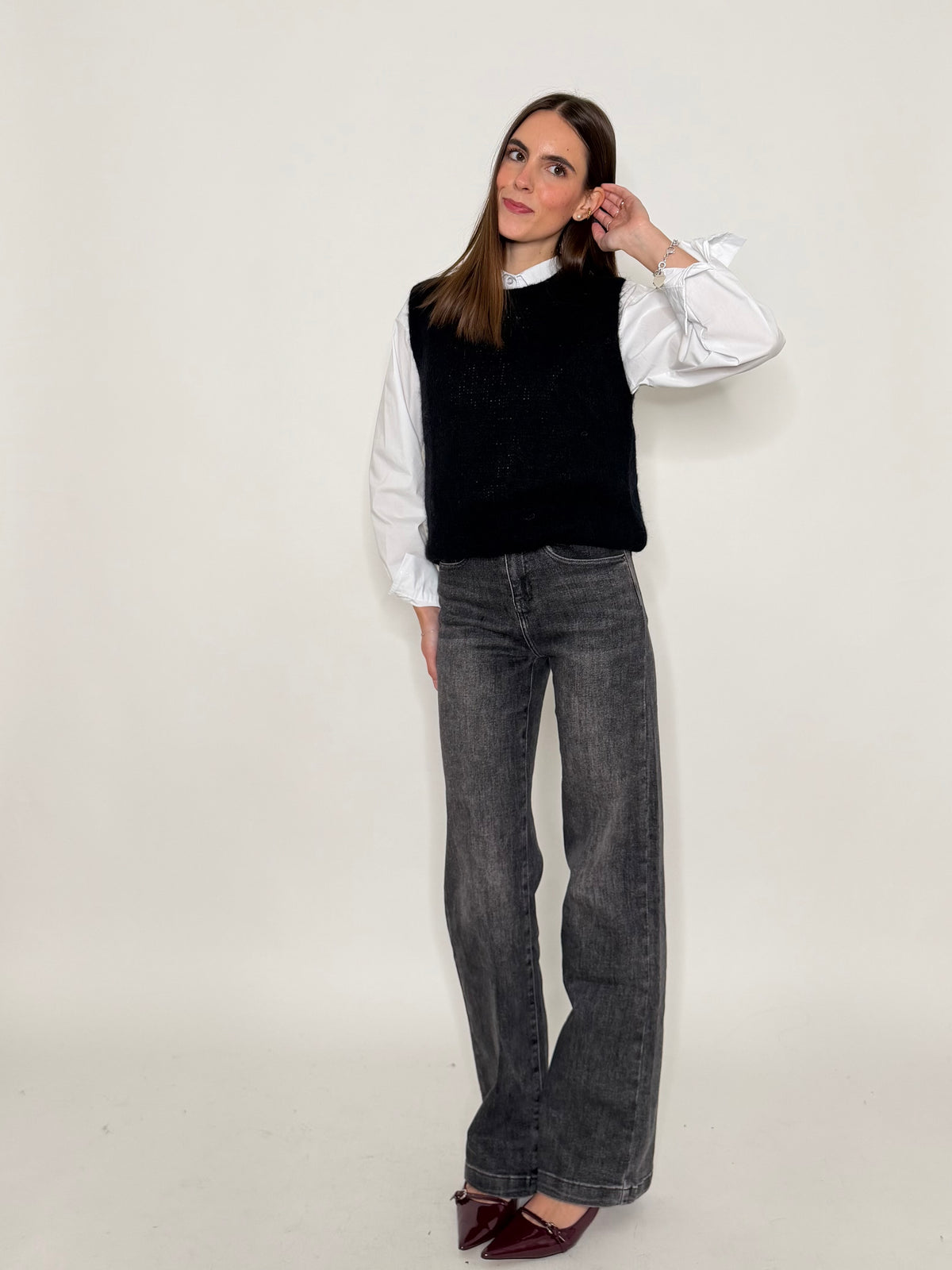 Gilet fluffy in morbido tessuto alpaca e lana nero