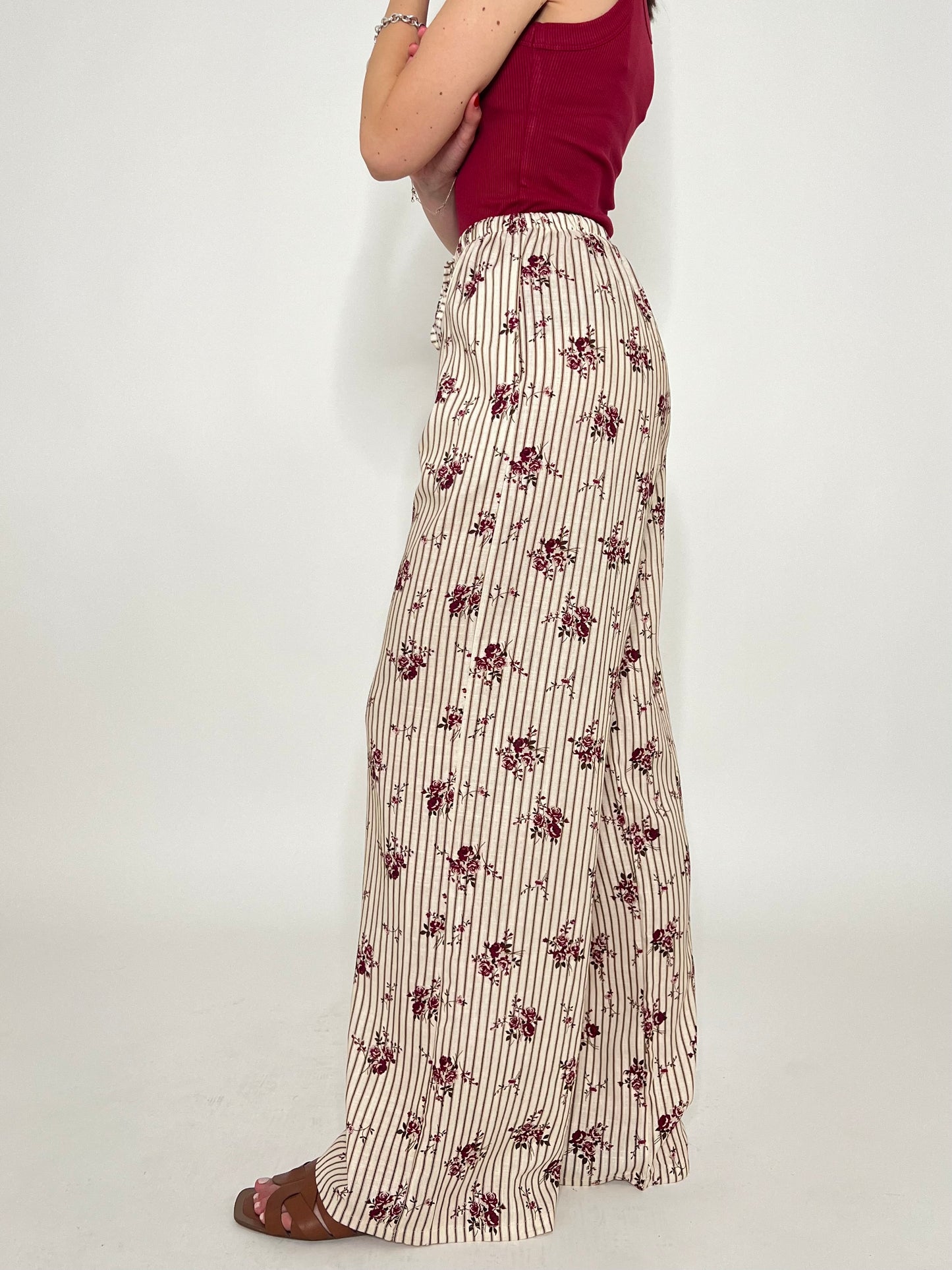 Pantalone in fantasia misto lino e viscosa panna