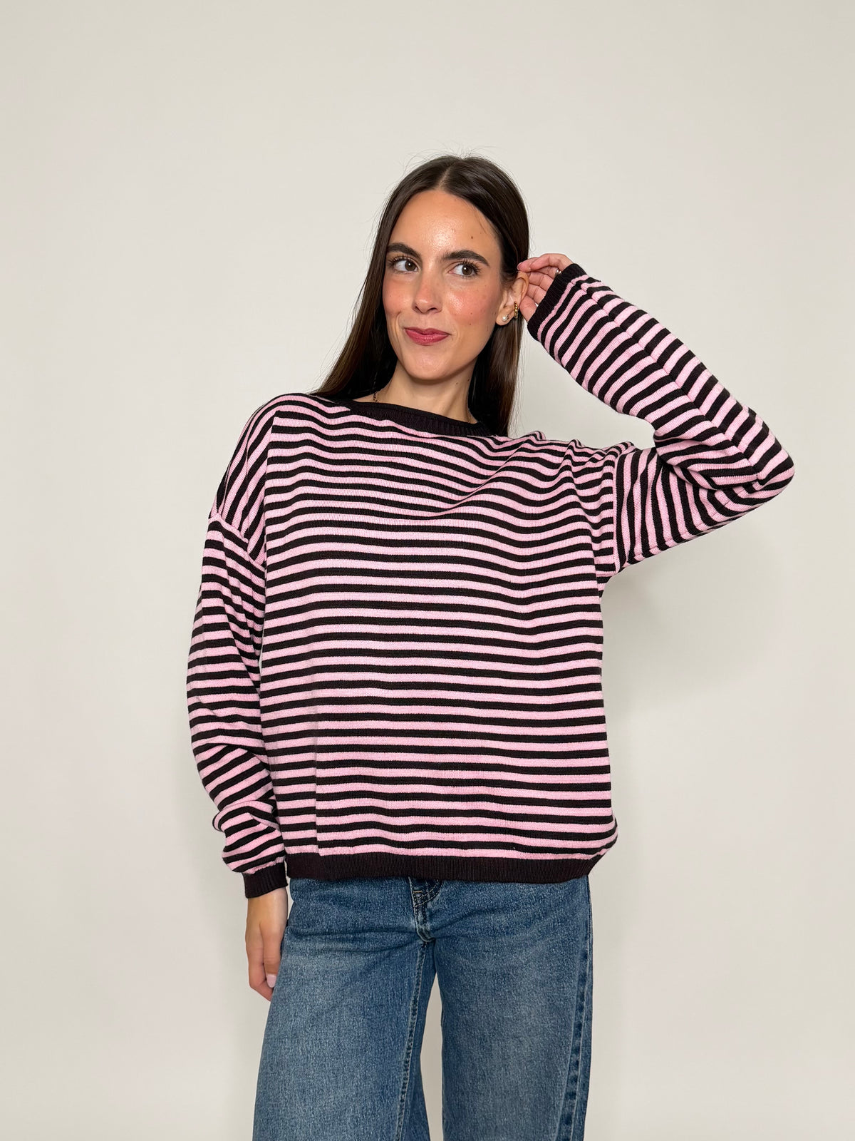 Maglia mille righe fit in morbida viscosa manica lunga rosa