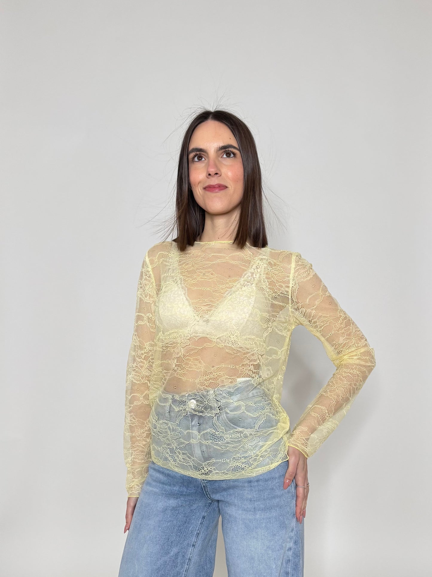 Maglia girocollo light pizzo Giallo pulcino
