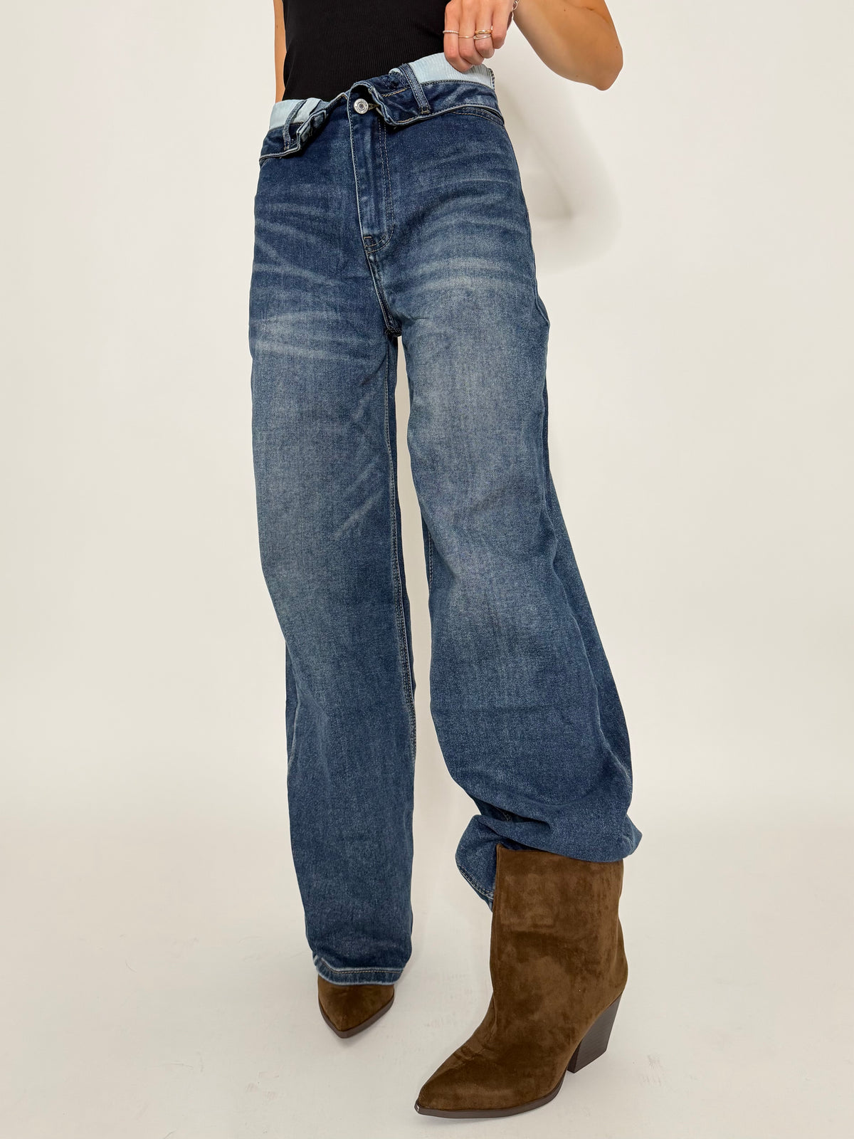 Jeans Wide Leg in Denim Blu con vita risvoltata