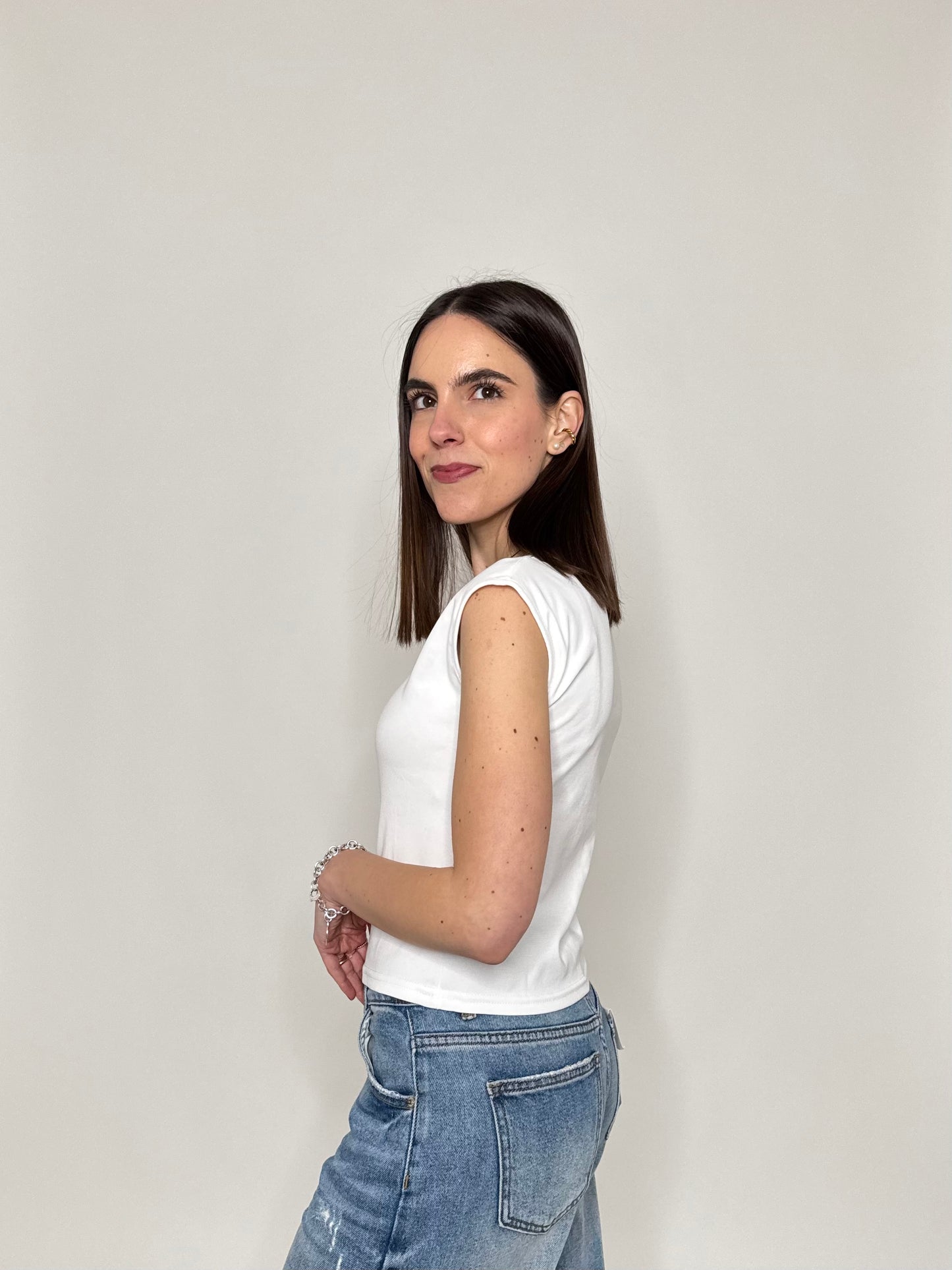 T-shirt scollo quadrato in cotone Bianco