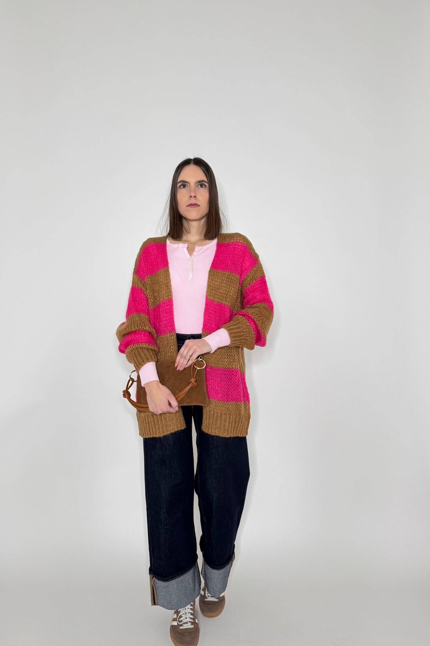 Cardigan in maglia Rainbow Tabacco/Fucsia