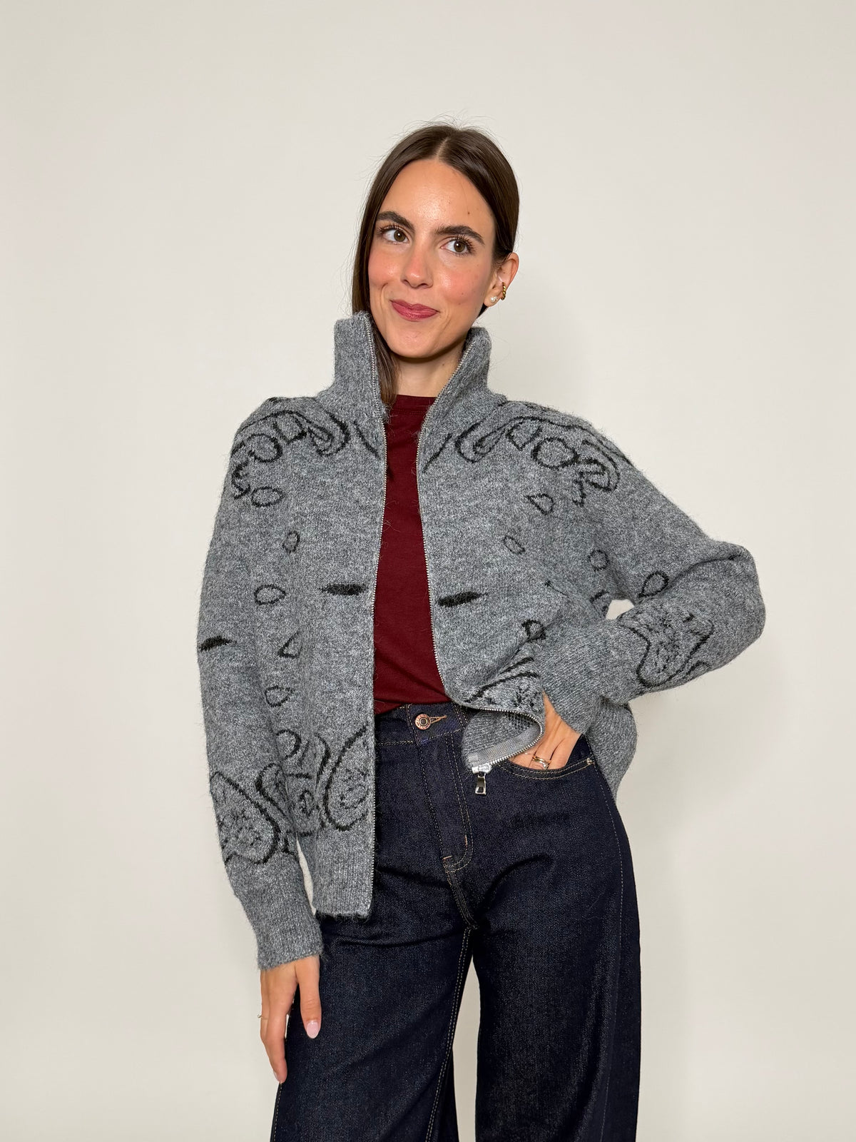 Cardigan con zip Bandana misto lana Grigio