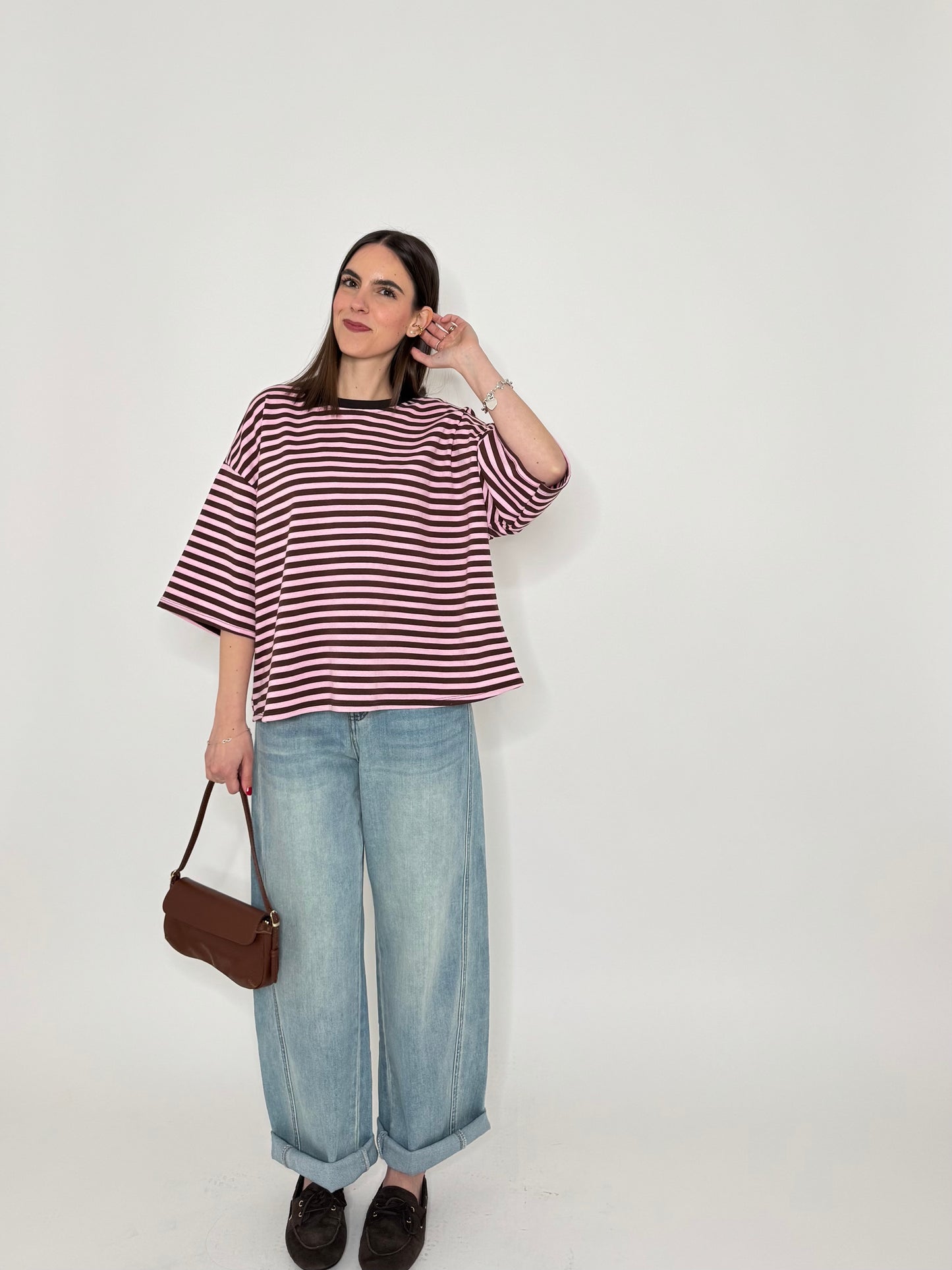 Maglia Felpa a righe light cotton in cotone Cioccolato/Rosa