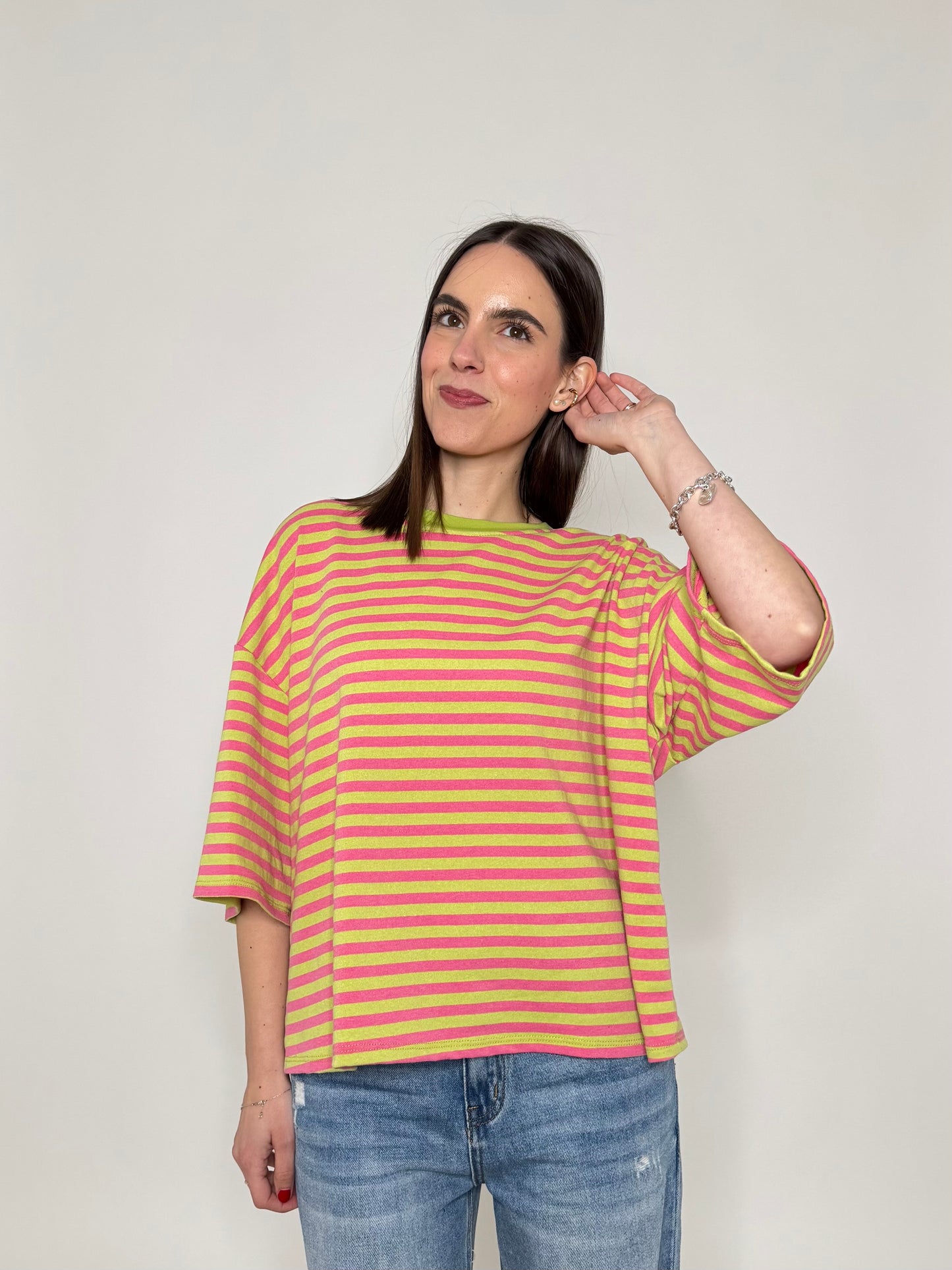 Maglia Felpa a righe light cotton in cotone Verde/Rosa