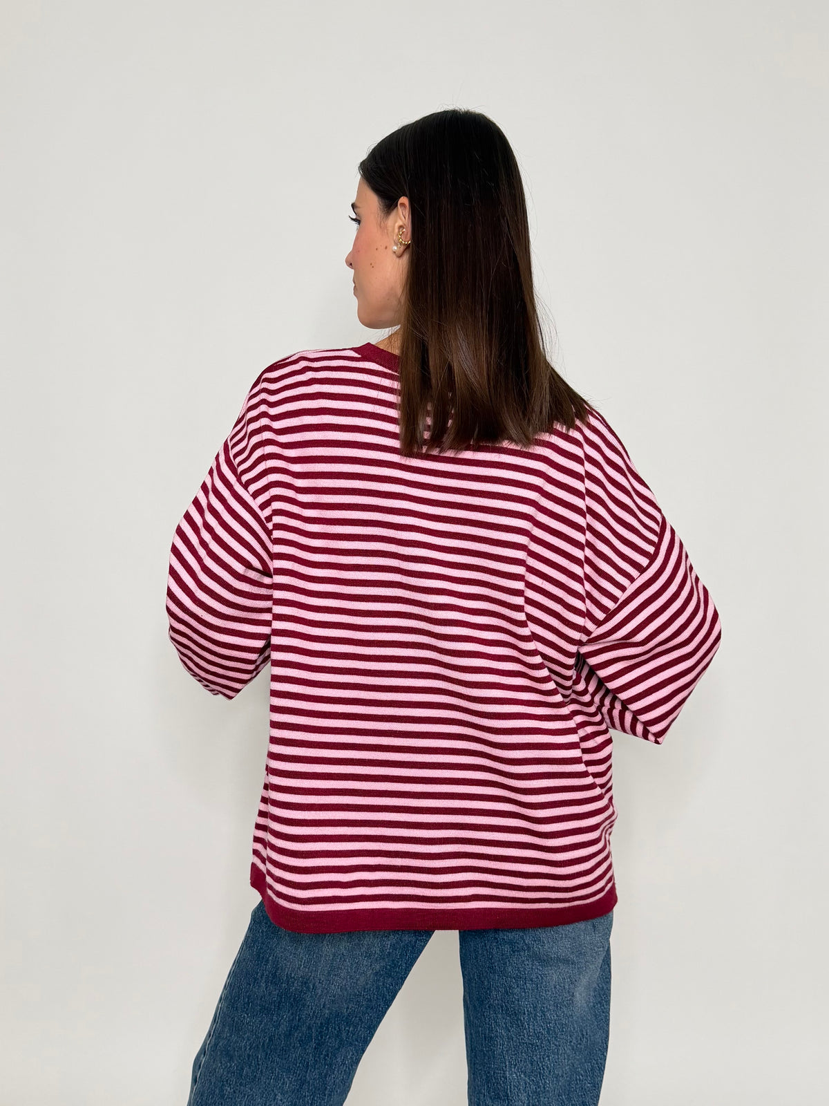 Maglia mille righe in morbida viscosa manica lunga ampia rosa india