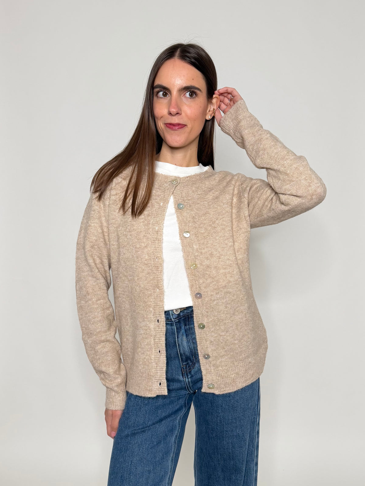 Cardigan "neve" in morbida viscosa e cotone beige melange