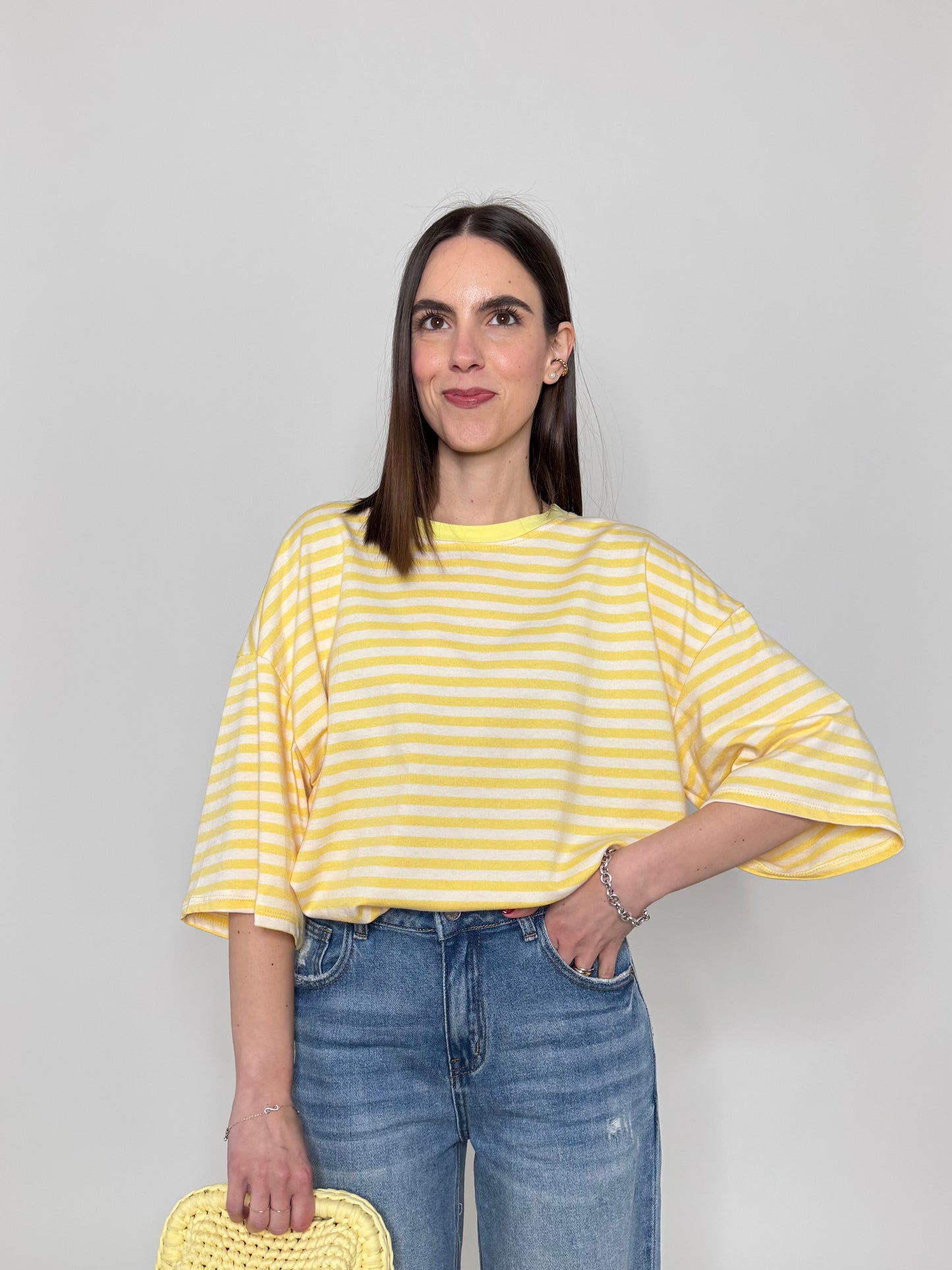 Maglia Felpa a righe light cotton in cotone Giallo/Bianco