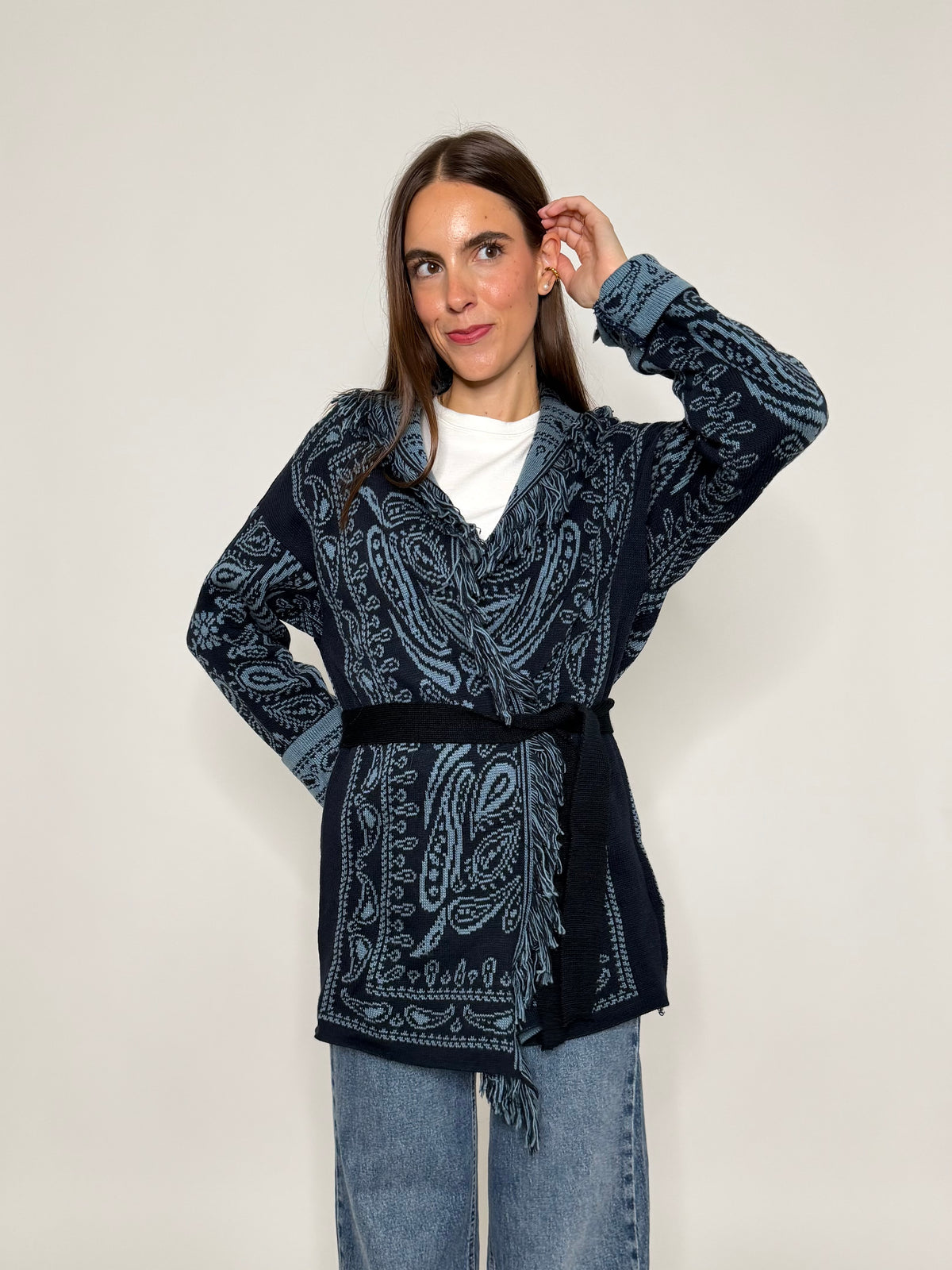 Cardigan frange stampa bandana blu notte/celeste