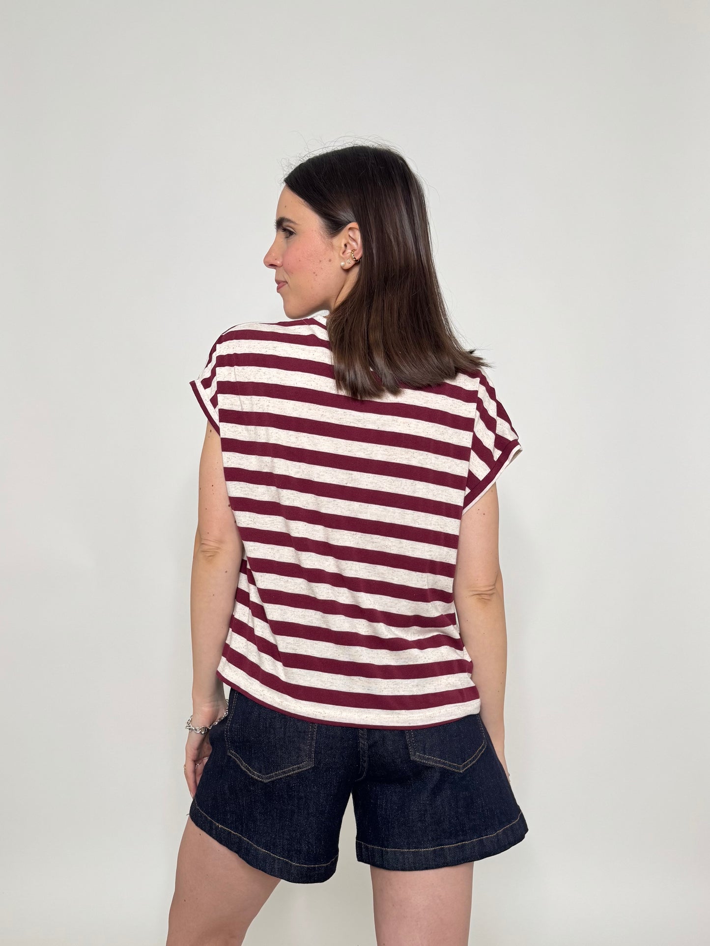 T-shirt scatoletta righe in misto lino e cotone Beige/Burgundy