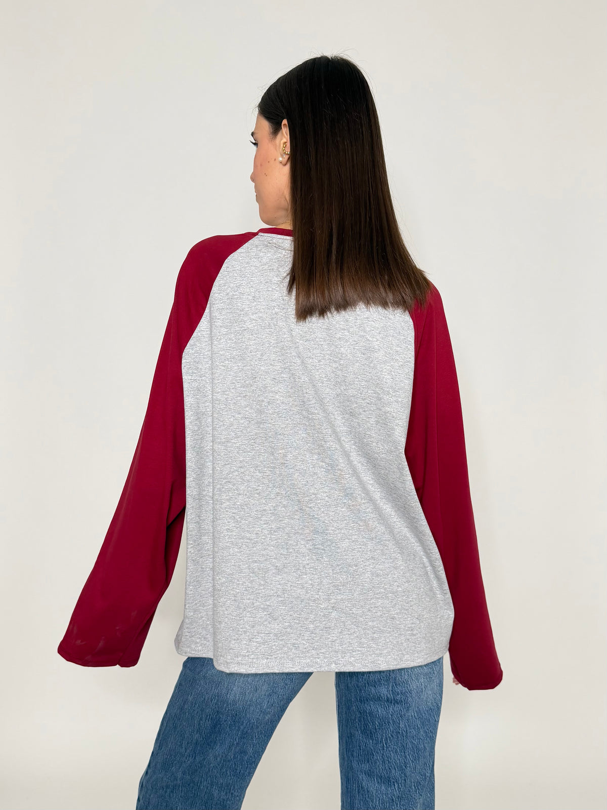 Maglia Baseball Bicolor in cotone con manica a ampia bordeaux/grigio