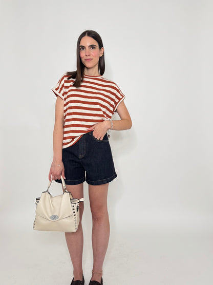 T-shirt scatoletta righe in misto lino e cotone Beige/Ruggine