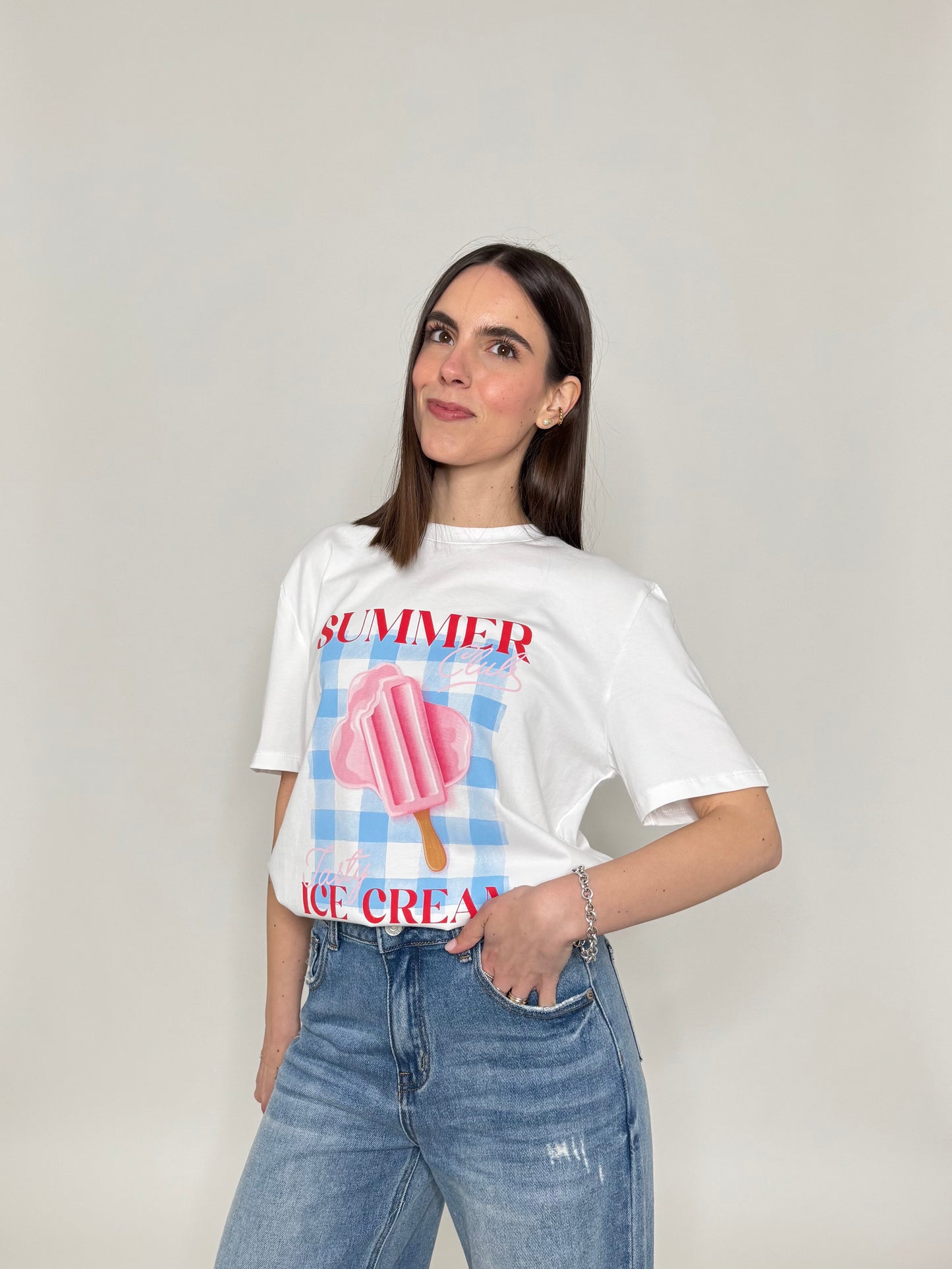 T-shirt in cotone con stampa "Summer Club - tasty ice cream"