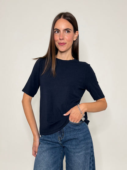Maglia girocollo basic in viscosa e cotone blu navy