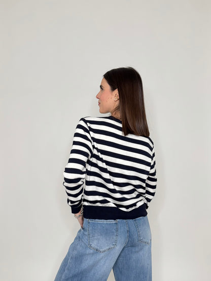 Cardigan in 100% cotone a righe girocollo Panna/Blu Navy