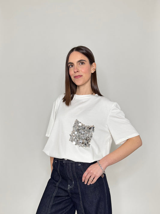 T- shirt in cotone con taschino paillette applicato Panna