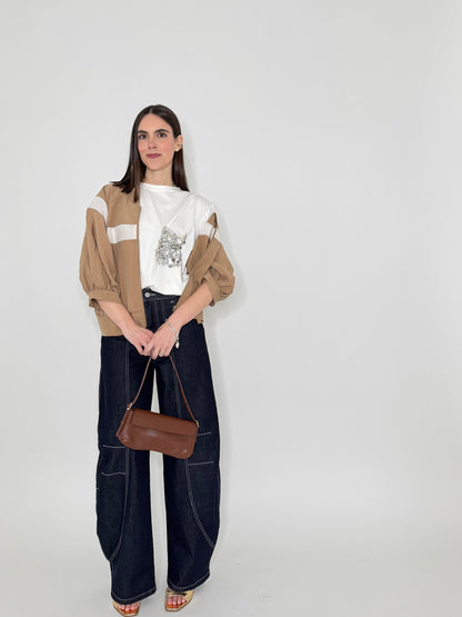 T- shirt in cotone con taschino paillette applicato Panna