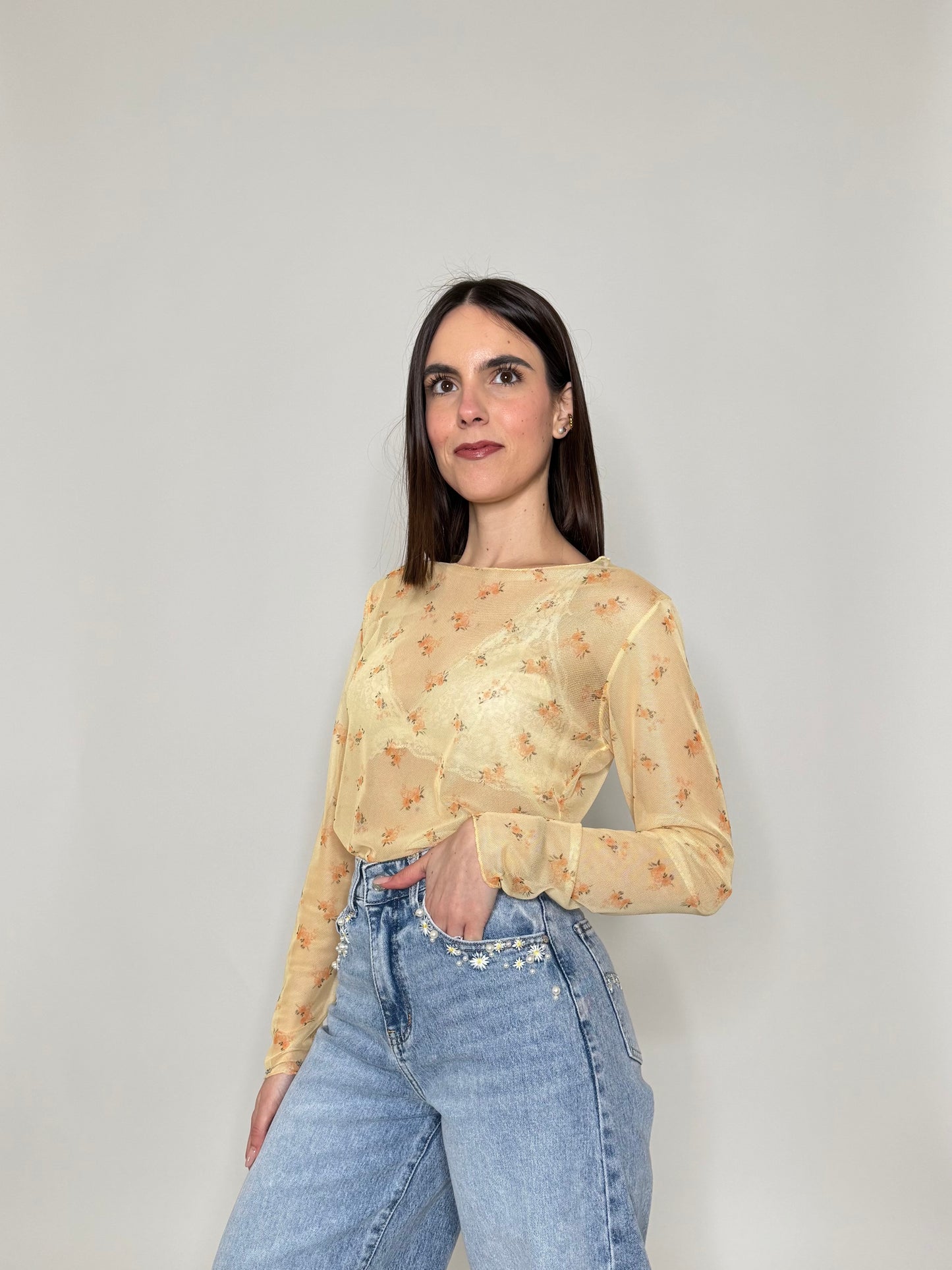 Maglia in tulle con micro fiori Giallo