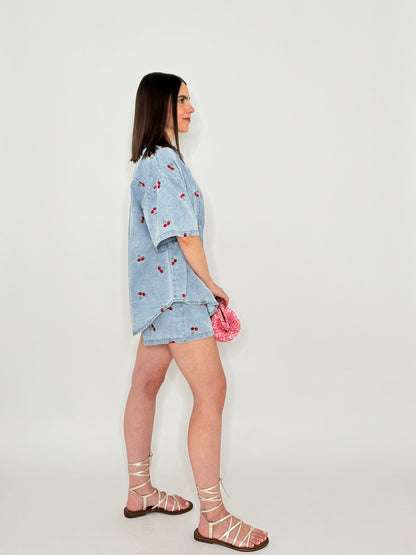 Completo denim in cotone con ricami