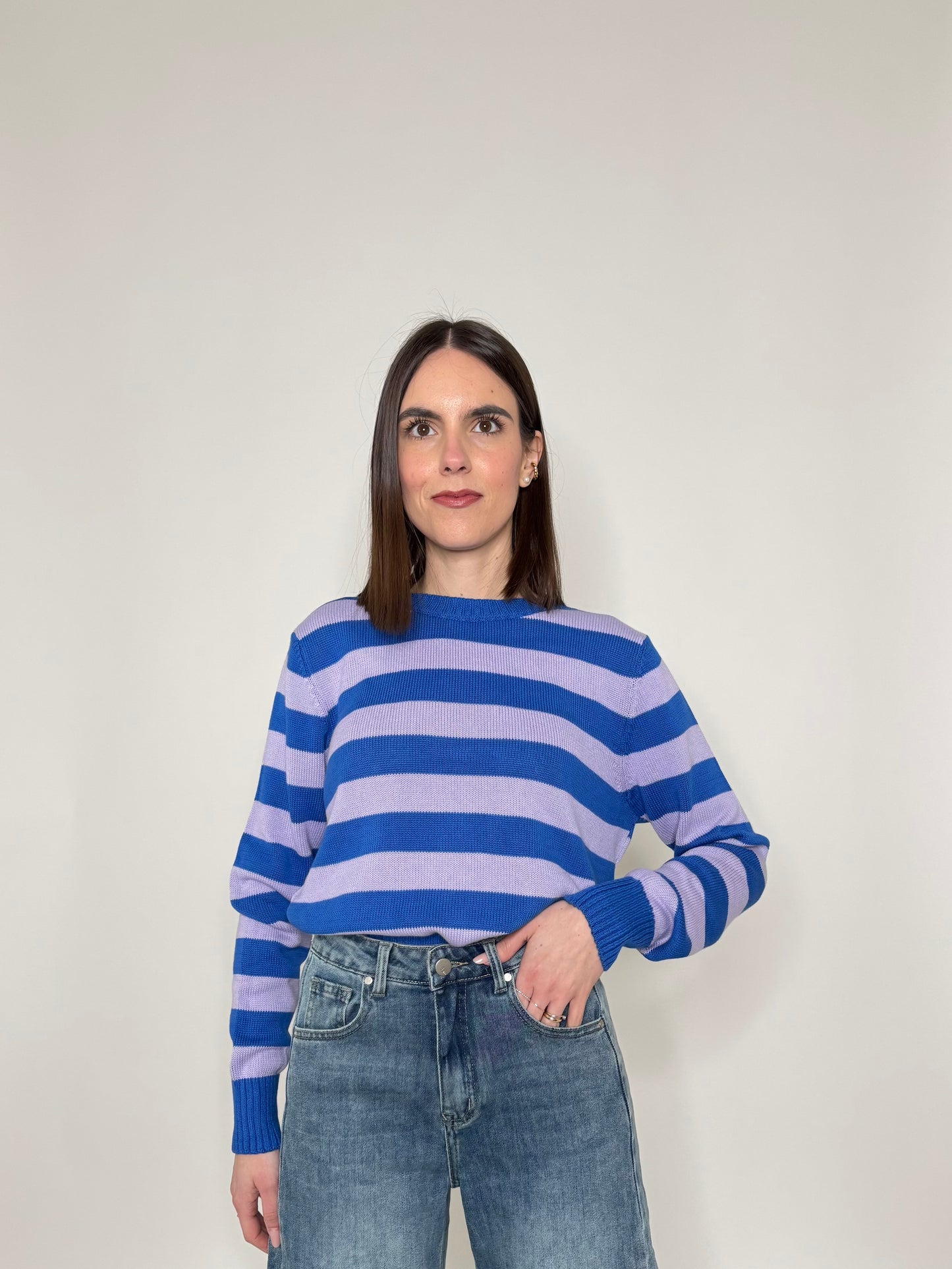 Maglia girocollo a righe in 100% cotone Persia/Lavanda