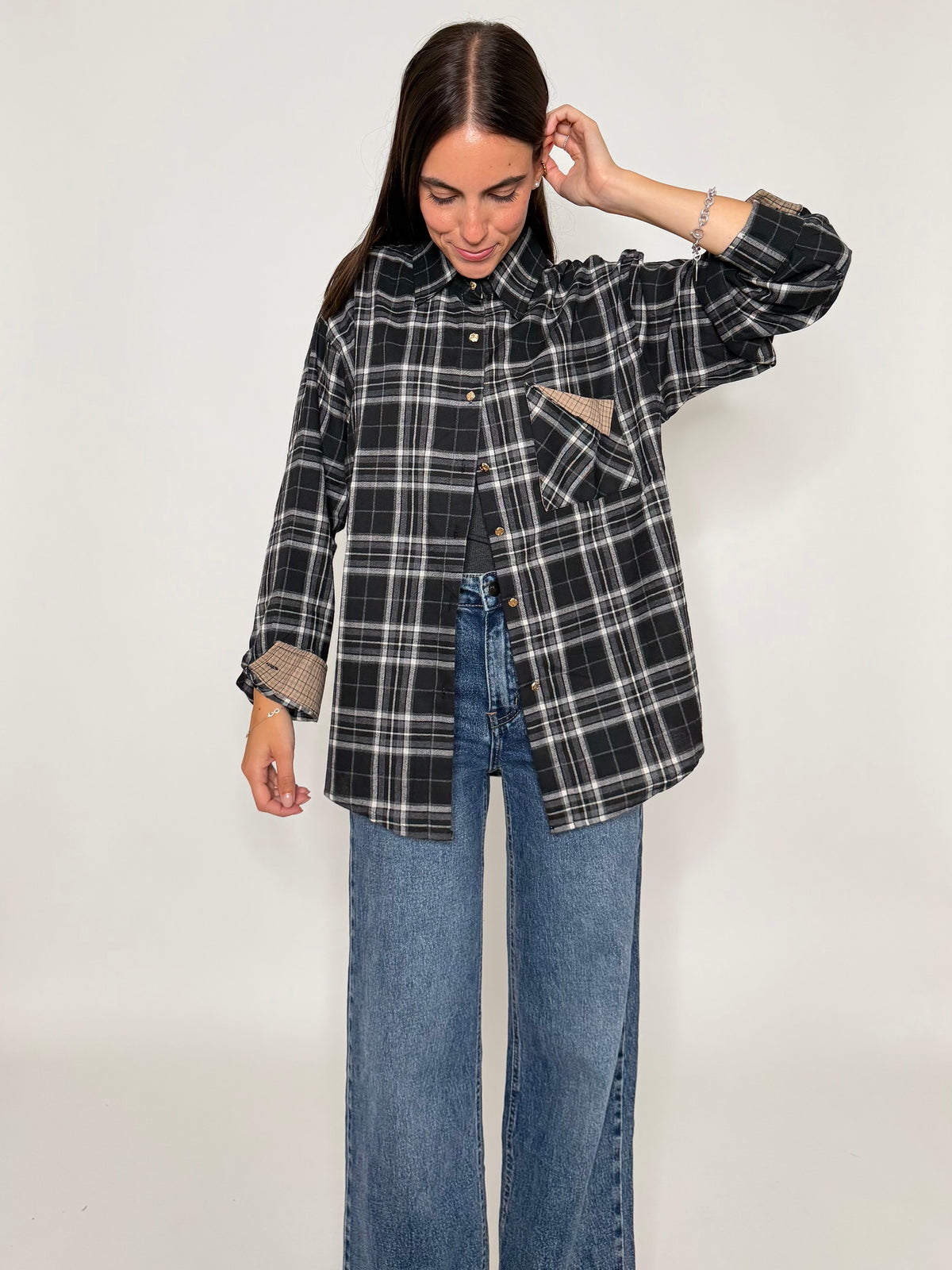 Camicia check in cotone con taschino nero