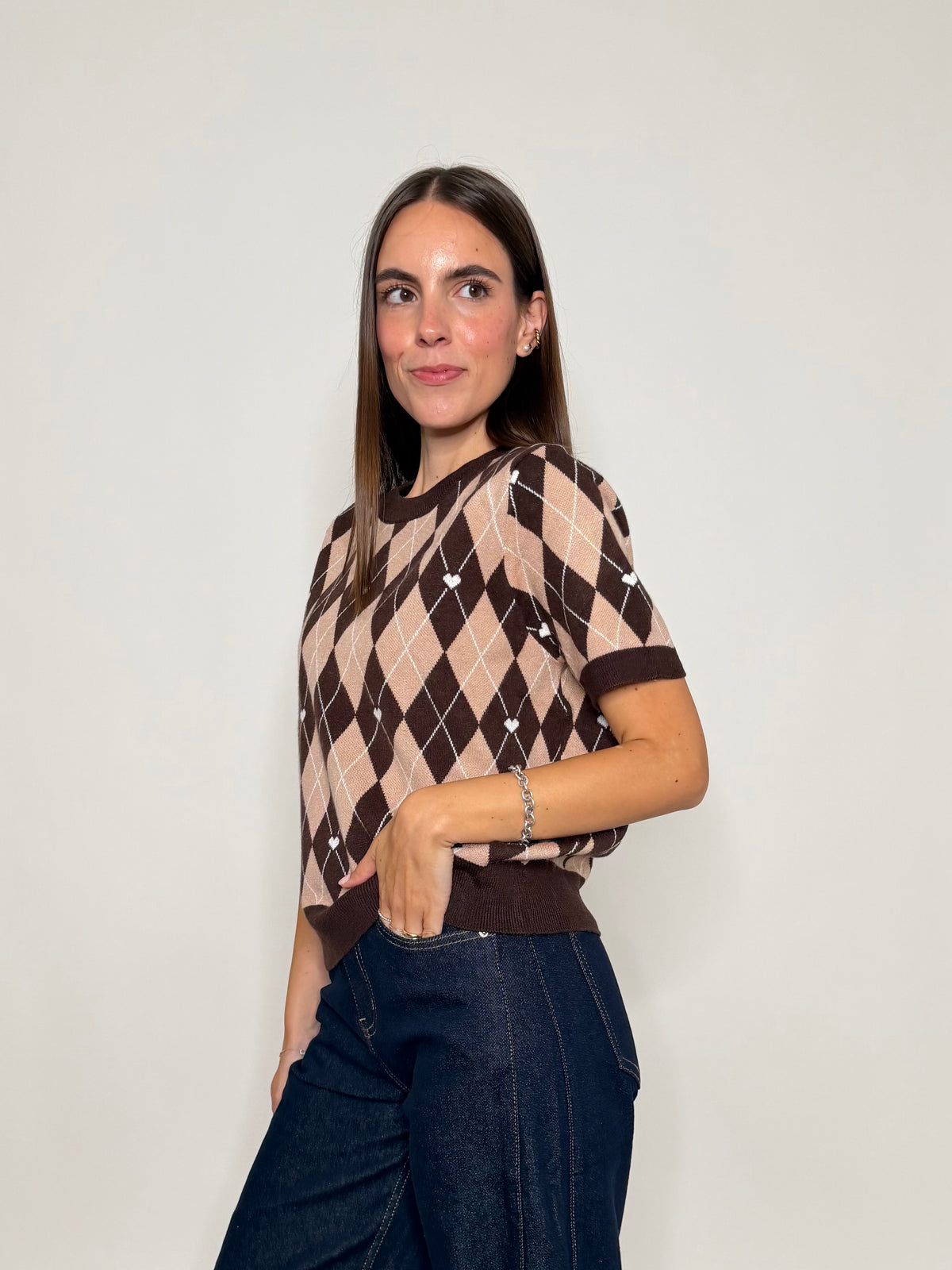 Maglia in viscosa a rombi coffe/caramello