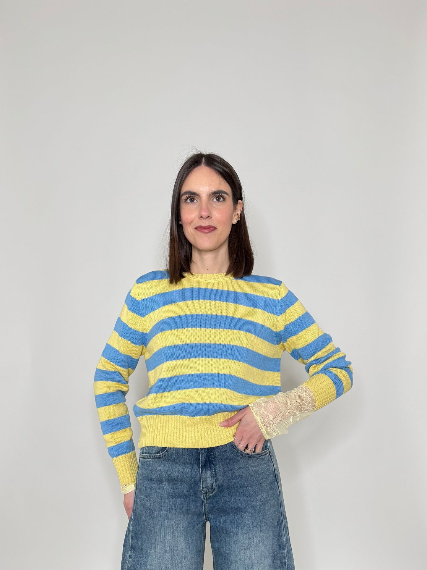 Maglia girocollo a righe in 100% cotone Giallo/jeans