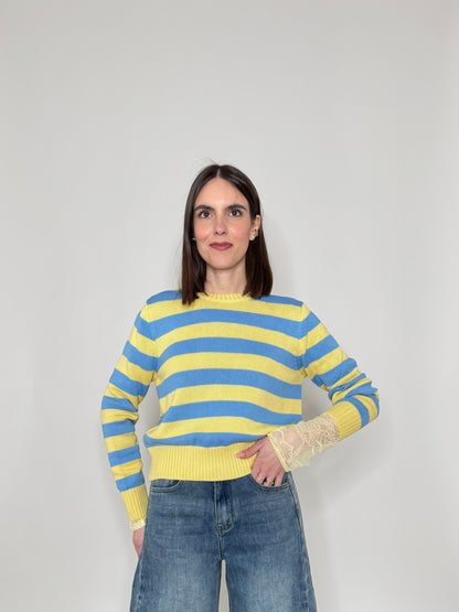 Maglia girocollo a righe in 100% cotone Giallo/jeans