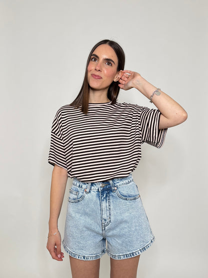T-shirt a righe in jersey di viscosa Cioccolato/Panna