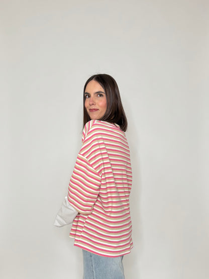 T-shirt in cotone a righe doppia manica - Lumina