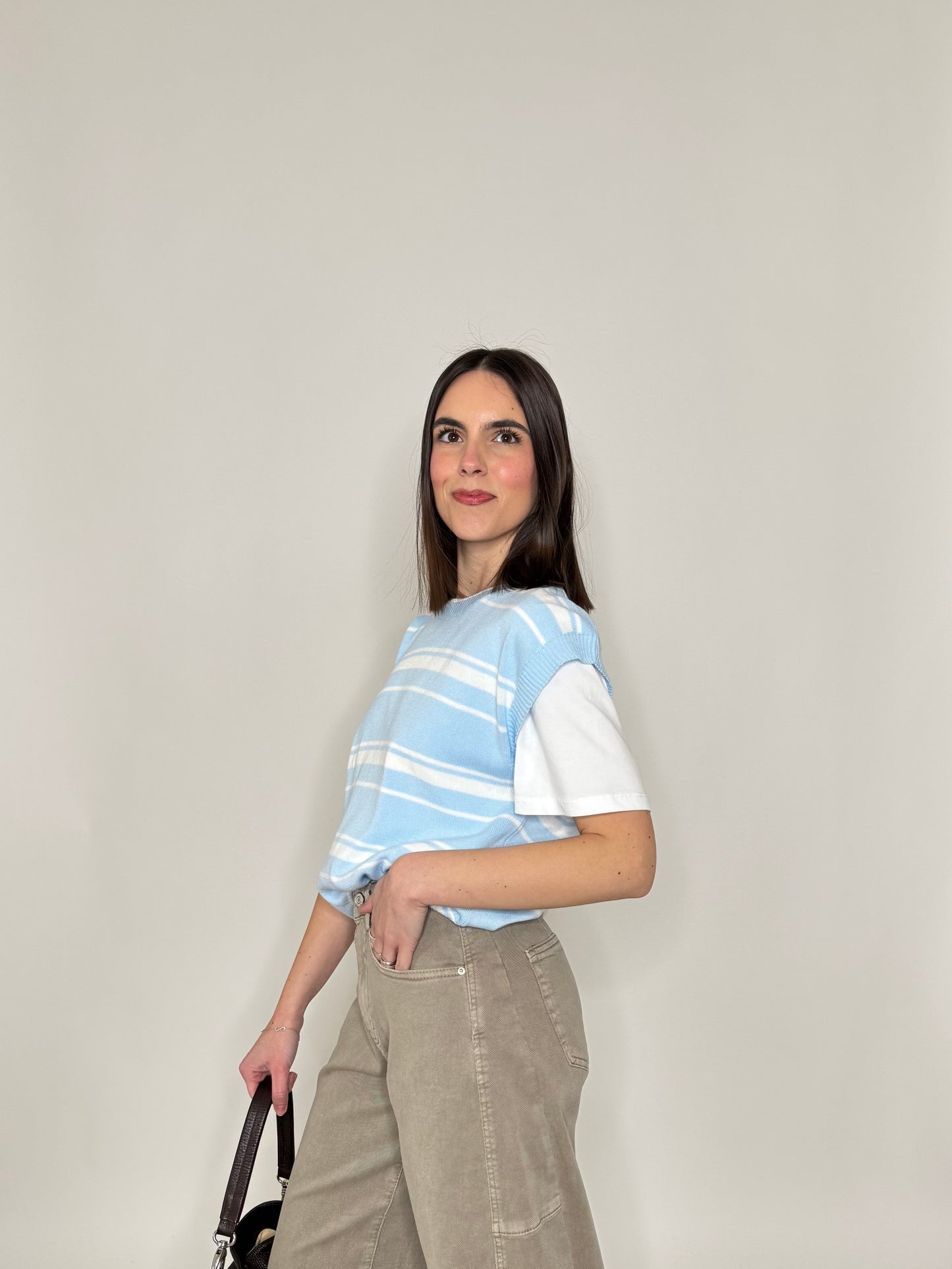 Gilet a righe in 100% cotone celeste/panna